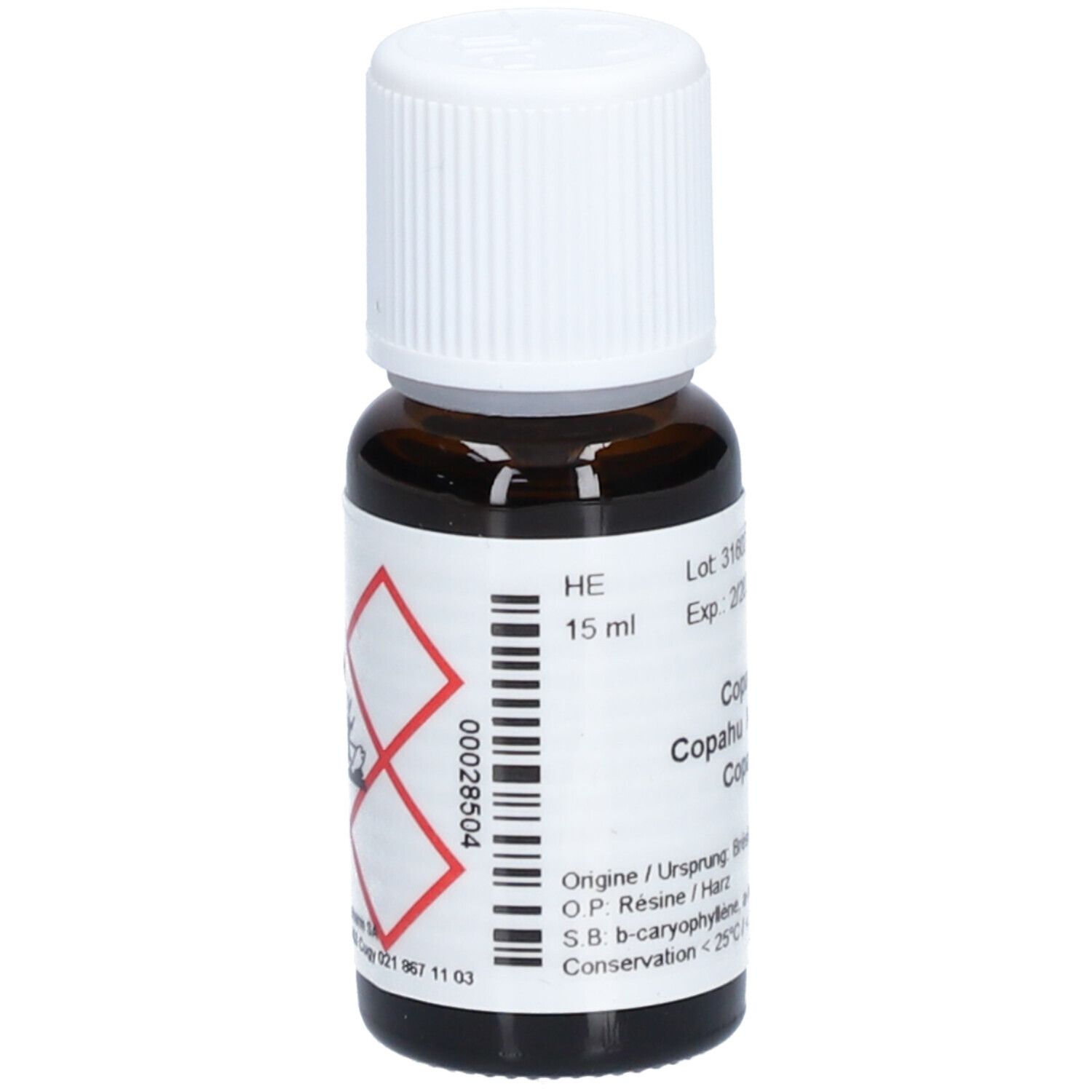 Flacon en verre brun avec bouchon à vis blanc, 15 ml. Comprend des symboles de danger et un code-barres.