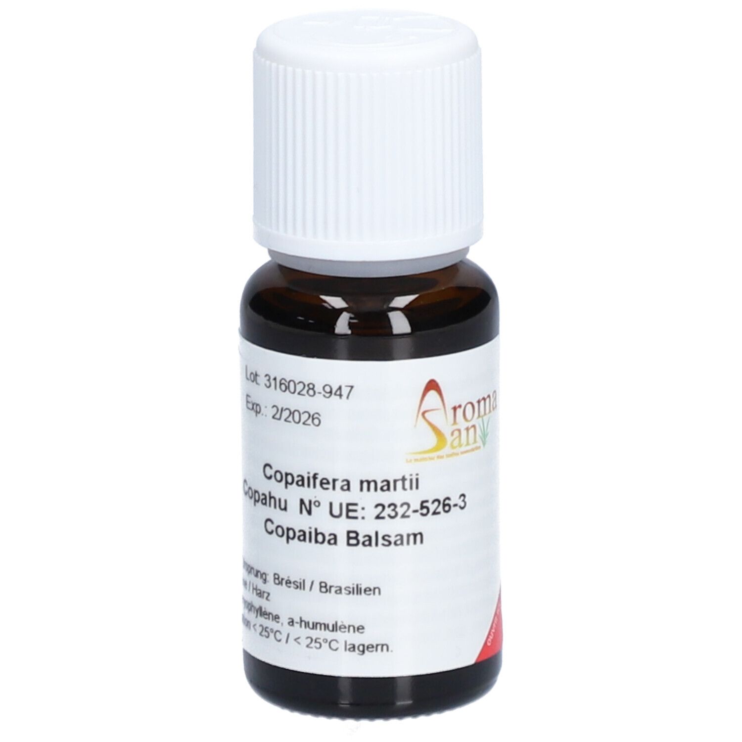 Flacon en verre brun avec bouchon à vis blanc. L'étiquette indique "Aromasan", "Copaifera martii" et "Copaiba Balsam".