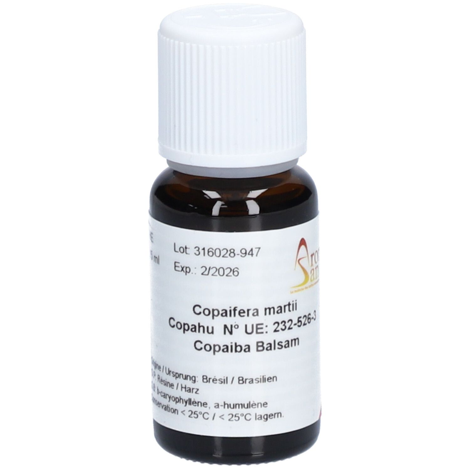 Flacon en verre brun avec bouchon à vis blanc, 15 ml. Contient "Aromasan", "Copaiba Balsam" et date d'expiration.