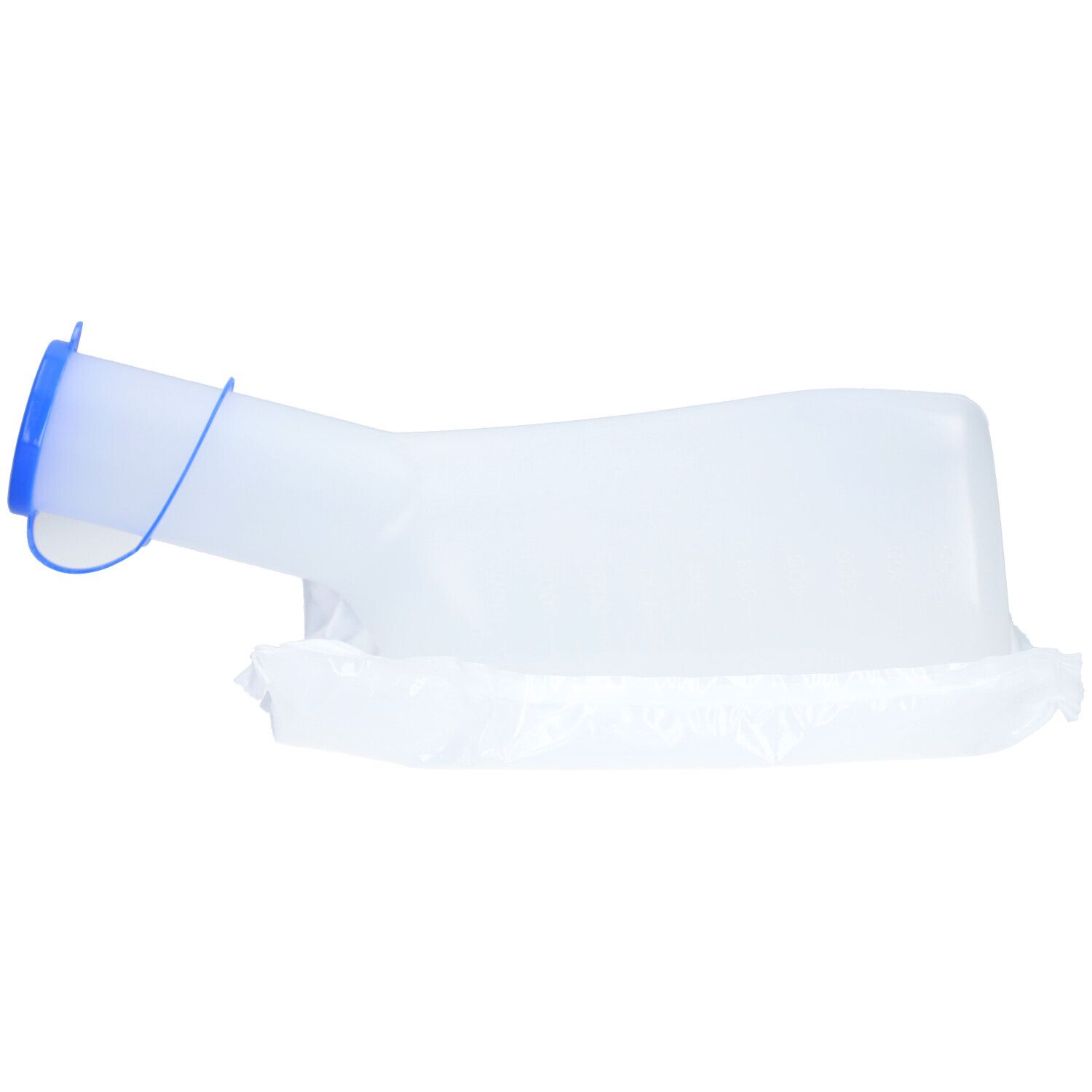 Urinal en plastique avec couvercle bleu. Emballage transparent. Forme adaptée à l'anatomie masculine.