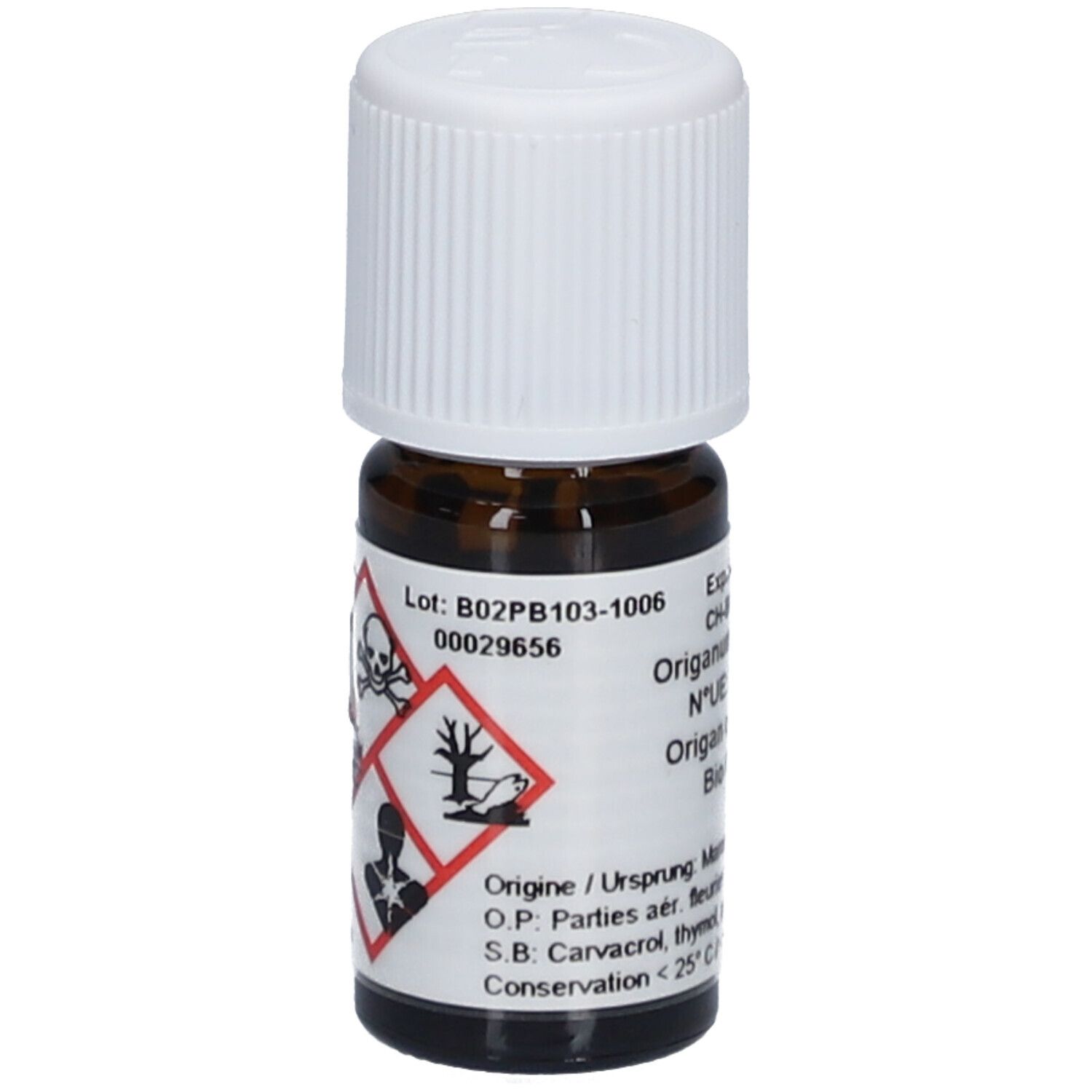 Flacon en verre brun avec bouchon blanc. Symboles de danger: tête de mort, corrosif, danger pour la santé. Inscription: Origan compactum Bio Oregano.