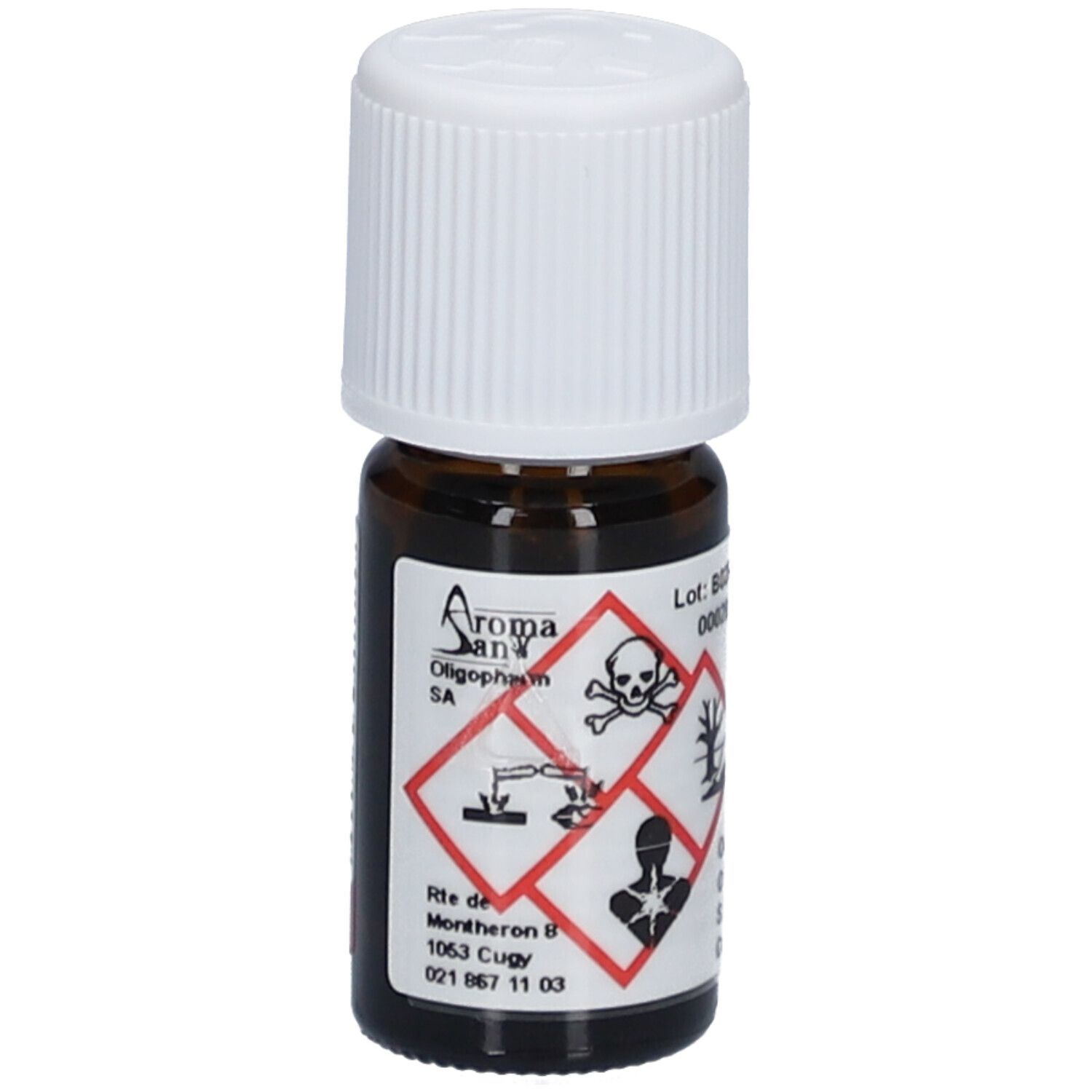 Flacon en verre brun avec bouchon blanc. Symboles de danger: tête de mort, corrosif, danger pour la santé. Inscription: AromaSan, Oligopharm SA.