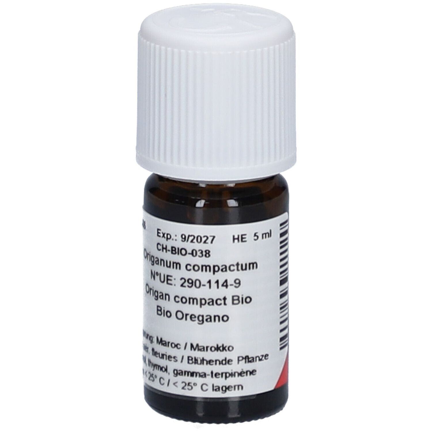 Flacon en verre brun avec bouchon blanc. Inscription: Origan compactum Bio Oregano. Date de péremption 9/2027. Volume: 5 ml.