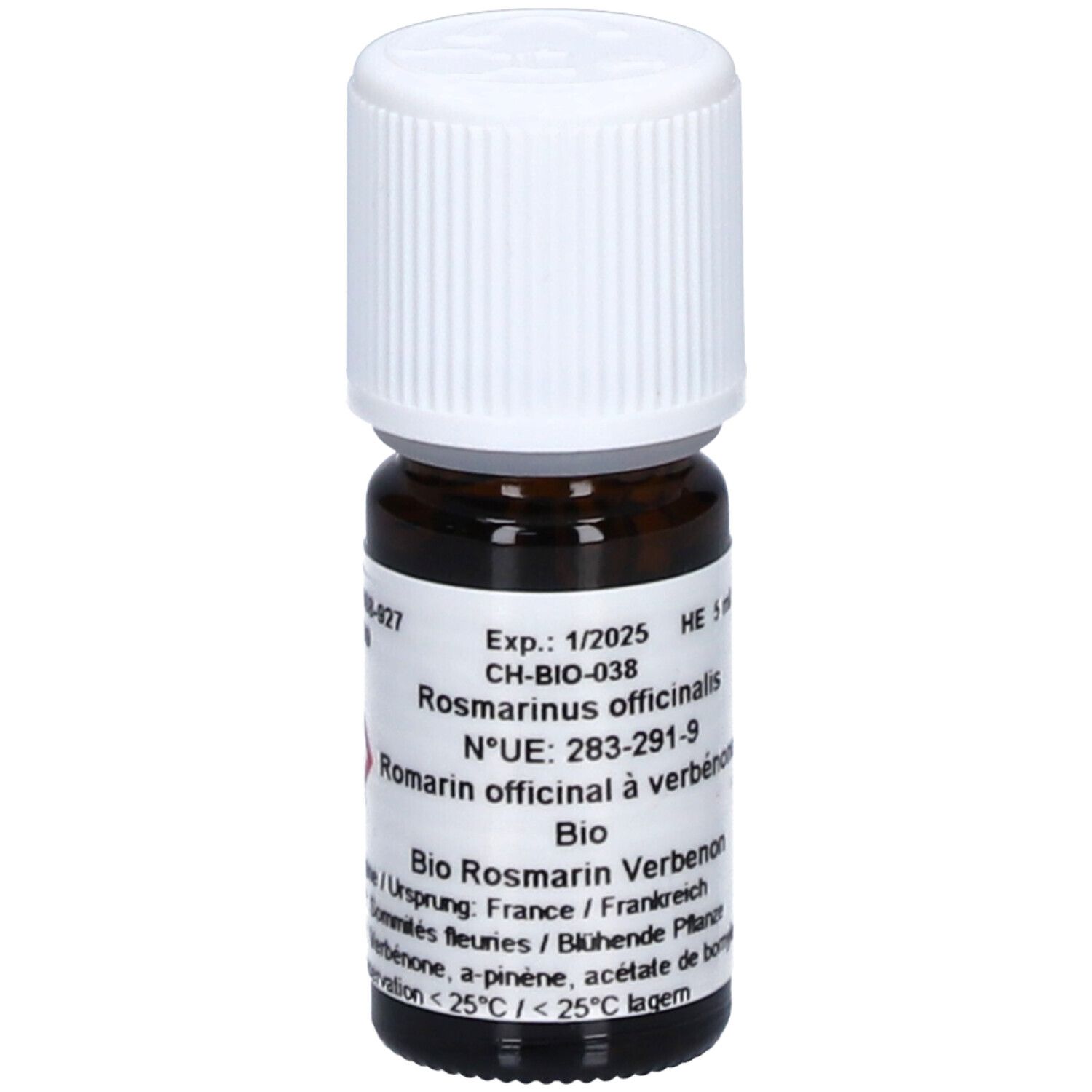 Flacon en verre brun avec bouchon blanc. Étiquette avec texte: Rosmarinus officinalis, Bio. Date de péremption 1/2025.