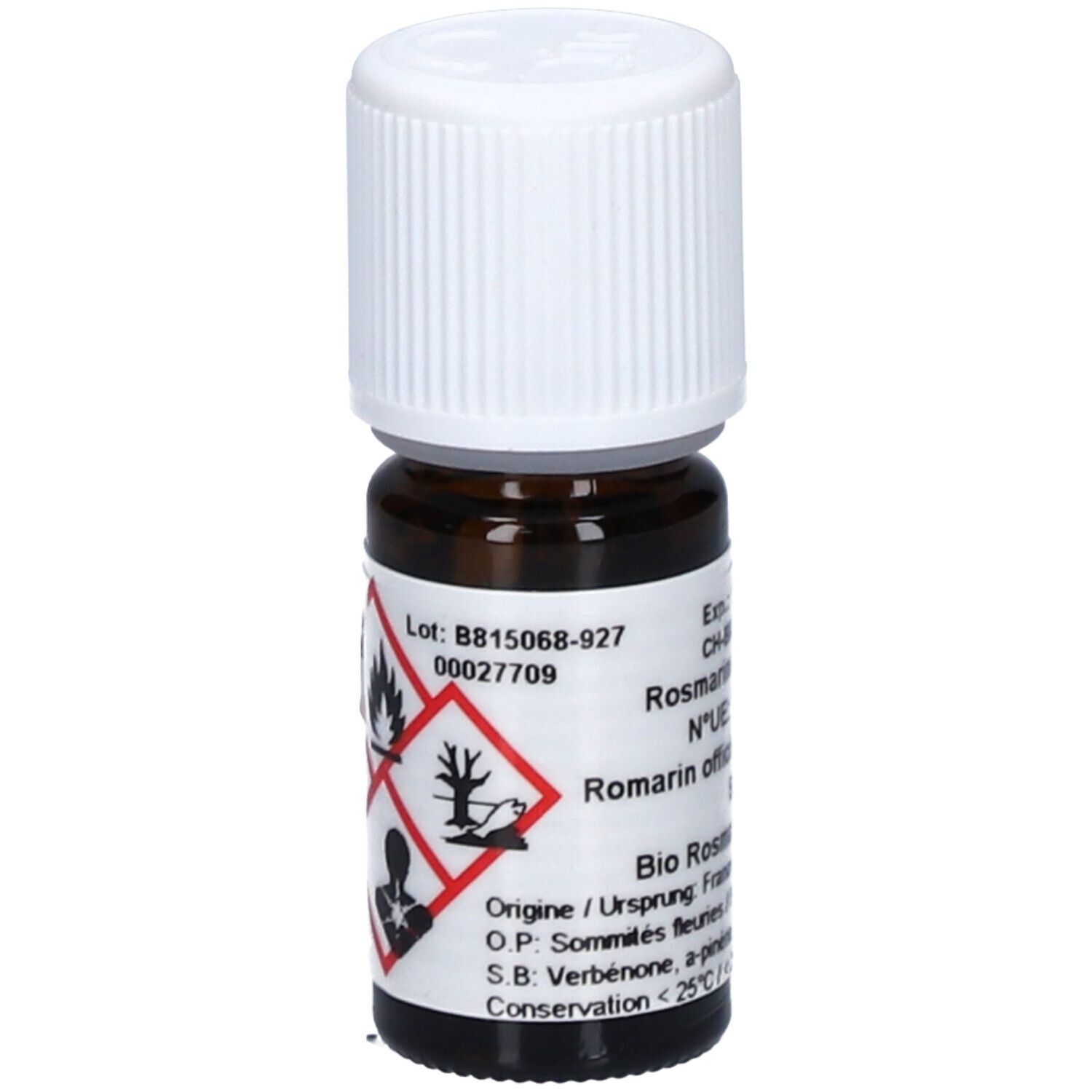 Flacon en verre brun avec bouchon blanc. Étiquette avec symboles de danger. Texte: Rosmarinus officinalis, Bio. Origine France.