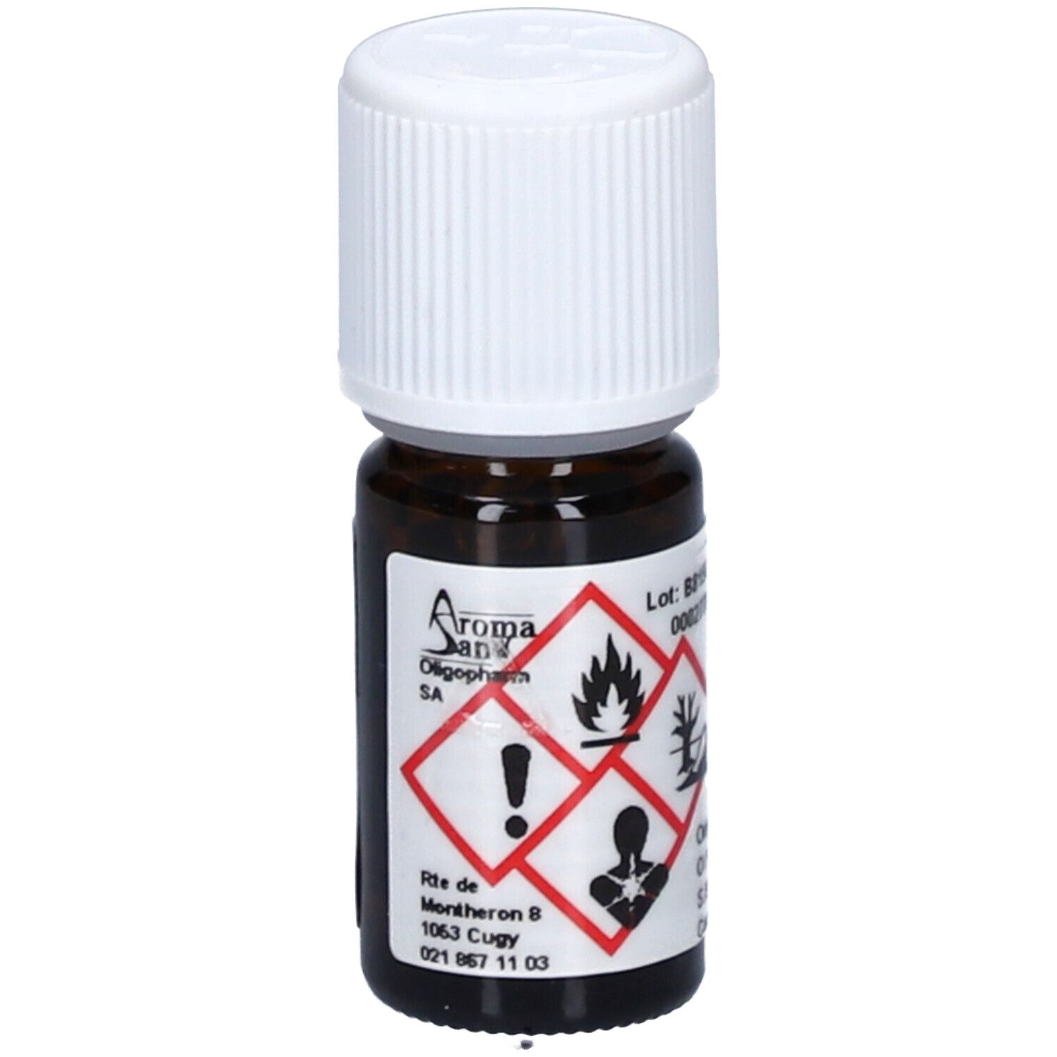 Flacon en verre brun avec bouchon blanc. Étiquette avec symboles de danger et logo. Texte: AromaSan Oligopharma SA.