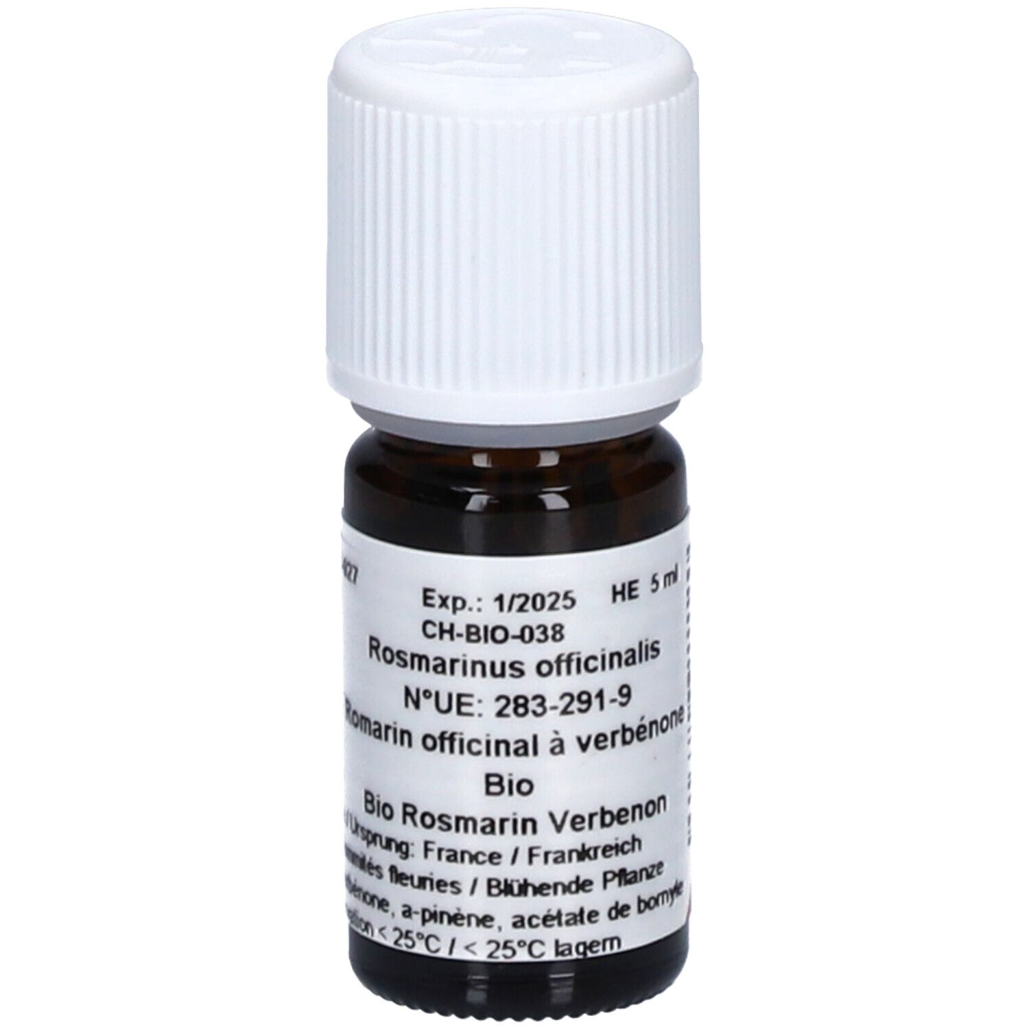 Flacon en verre brun avec bouchon blanc. Étiquette avec texte: Rosmarinus officinalis, Bio. Date de péremption 1/2025.