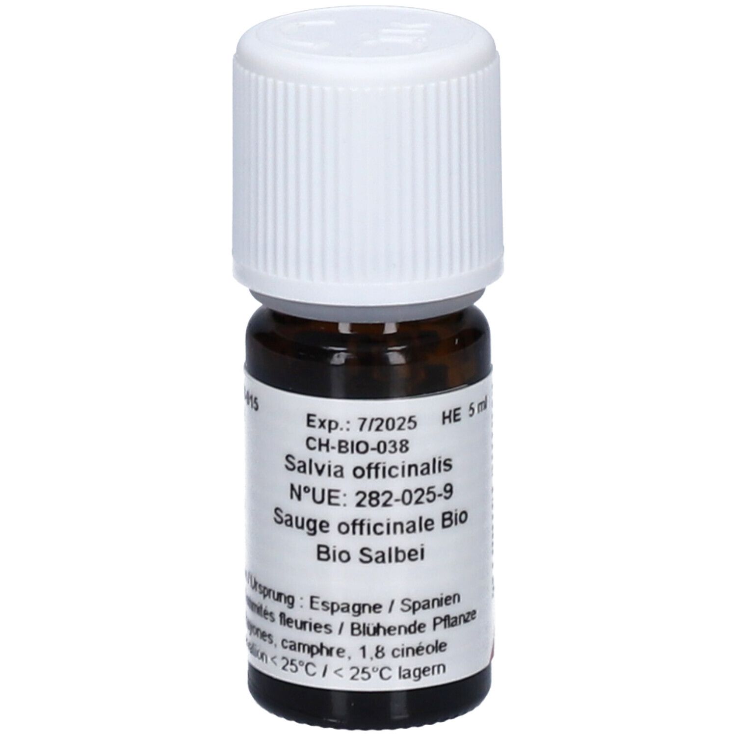 Flacon en verre brun avec bouchon blanc. Étiquette avec texte: Salvia officinalis, Bio Salbei. Durabilité 7/2025. HE 5 ml.