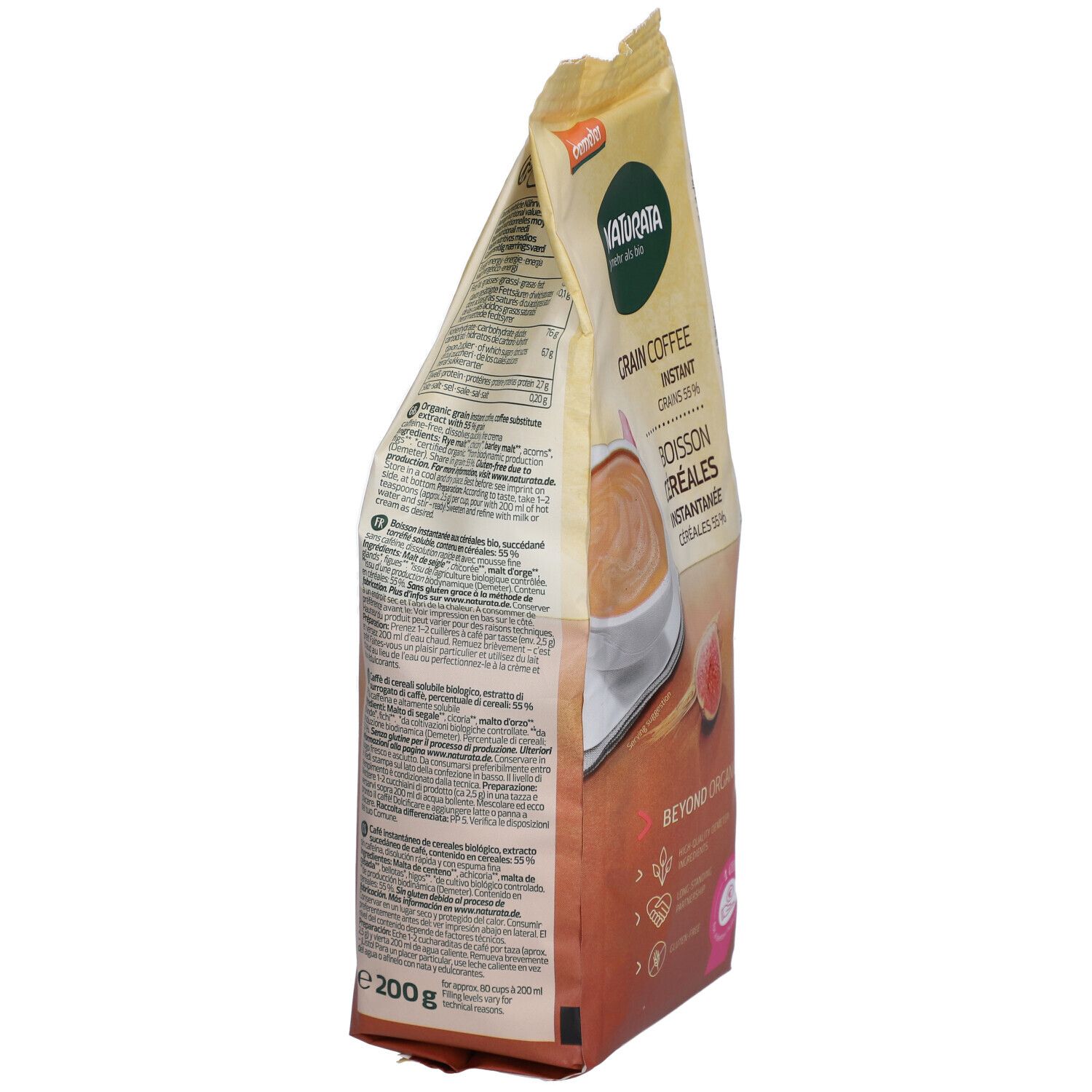 Vue latérale du sachet de café de céréales Naturata. Texte et logos visibles. Contient des informations sur le produit et les certifications.
