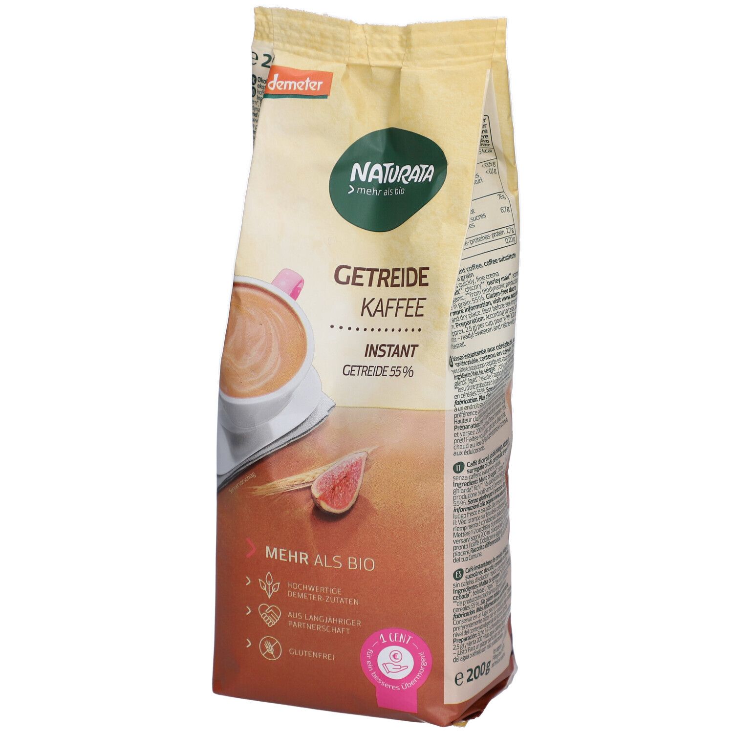 Sachet de café de céréales Naturata. Inscriptions : Getreide Kaffee, Instant, logo Demeter, label bio. Illustration de boisson au café.