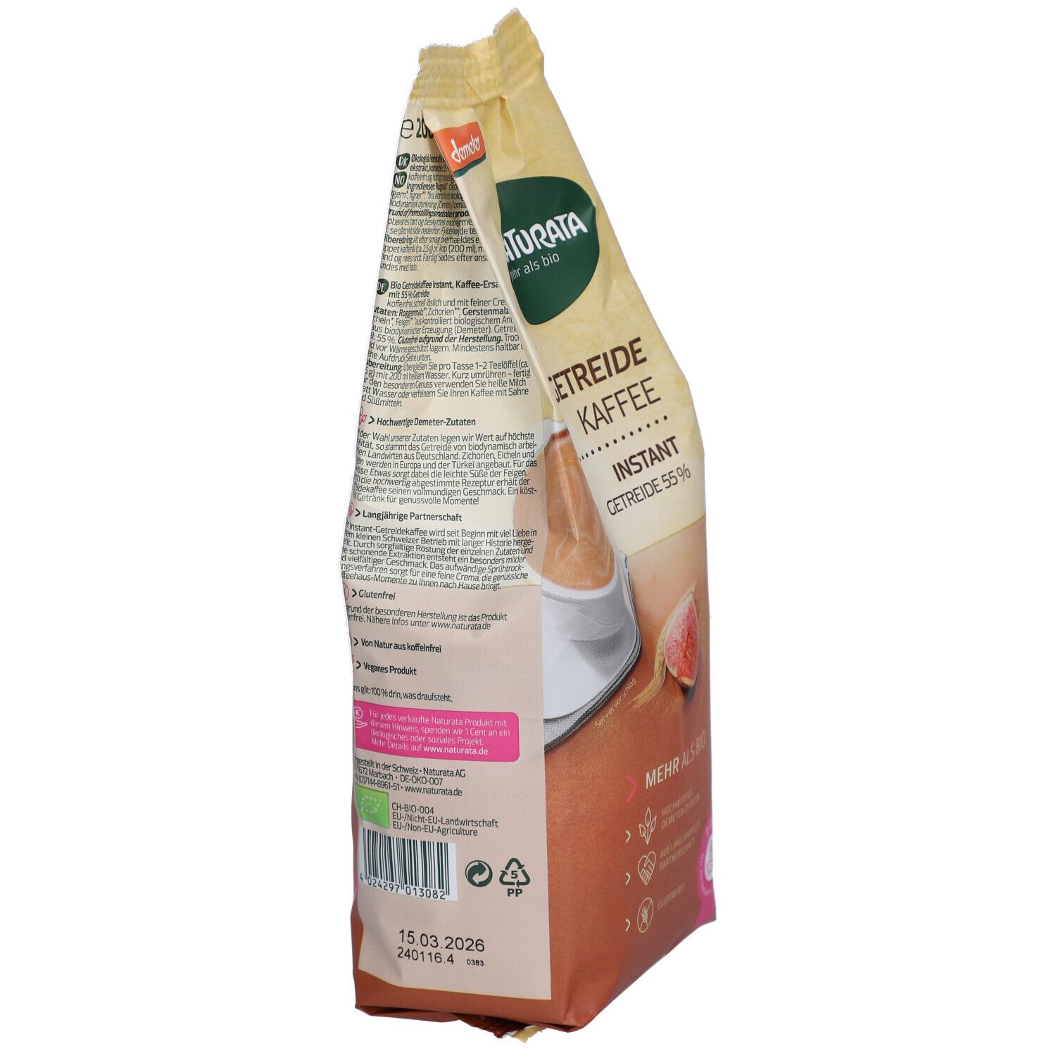 Vue latérale du sachet de café de céréales Naturata. Texte et logos visibles. Contient des informations sur le produit et les certifications.