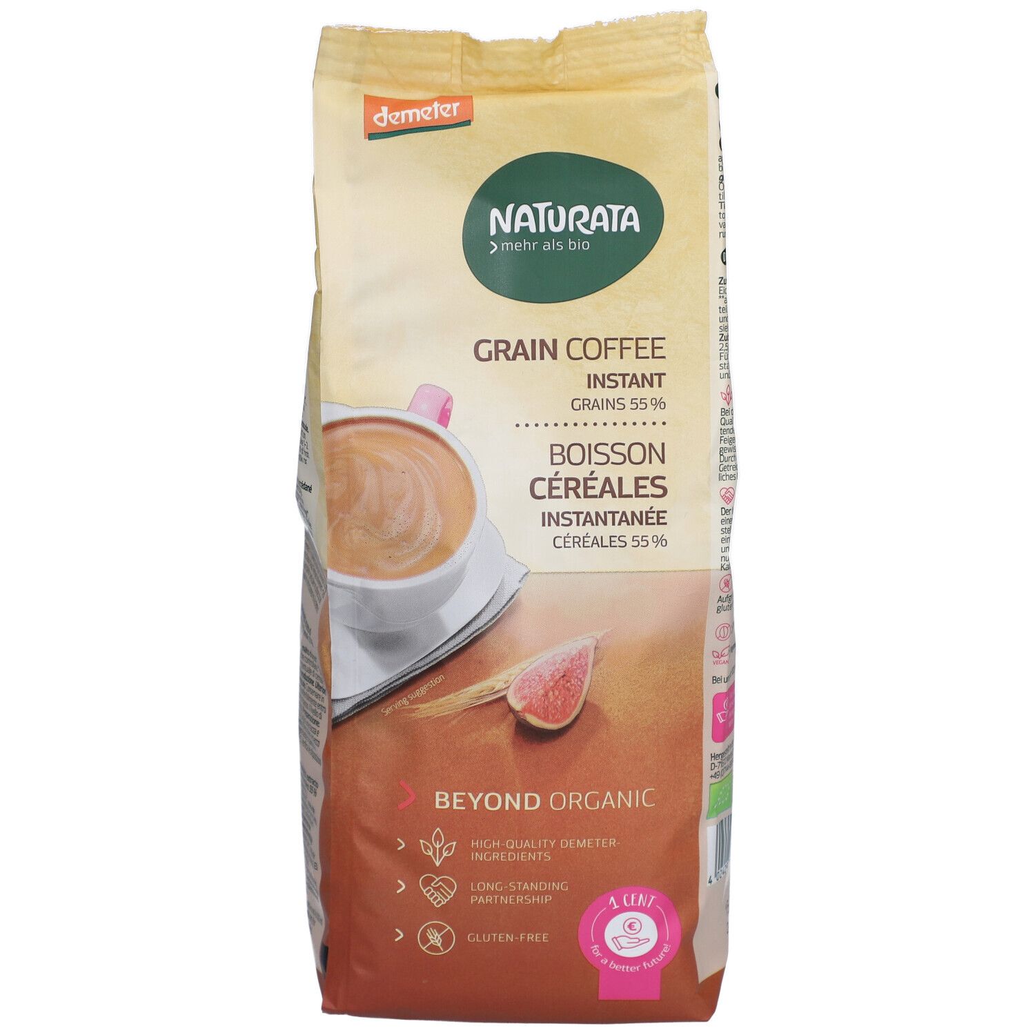 Sachet de café de céréales Naturata. Inscriptions : Grain Coffee, Instant, logo Demeter, label bio. Illustration de boisson au café.