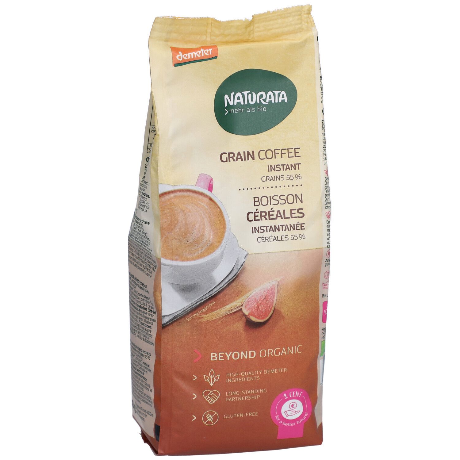 Sachet de café de céréales Naturata. Inscriptions : Grain Coffee, Instant, logo Demeter, label bio. Illustration de boisson au café.
