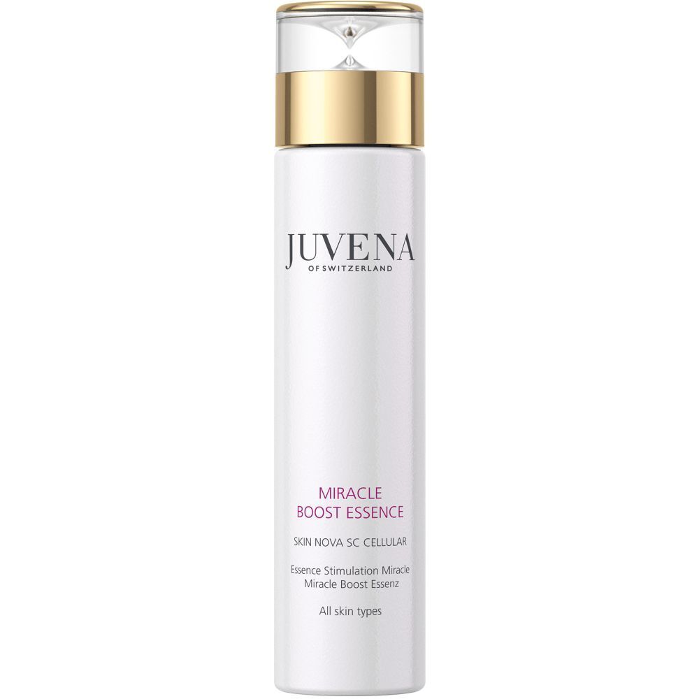 Flacon blanc avec bouchon doré. Inscription: Juvena, Miracle Boost Essence. Pour tous types de peau.