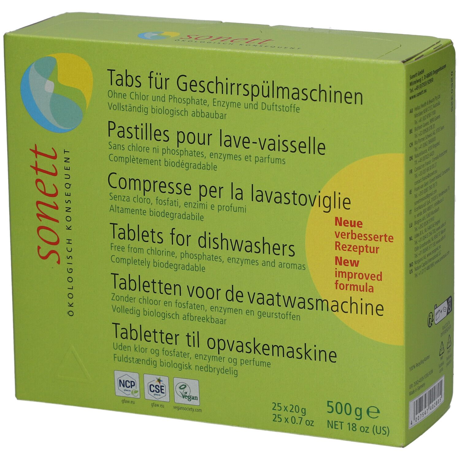 Boîte verte Sonett. Pastilles lave-vaisselle, sans chlore, phosphates, enzymes. 500g, 25x20g. Certifications.