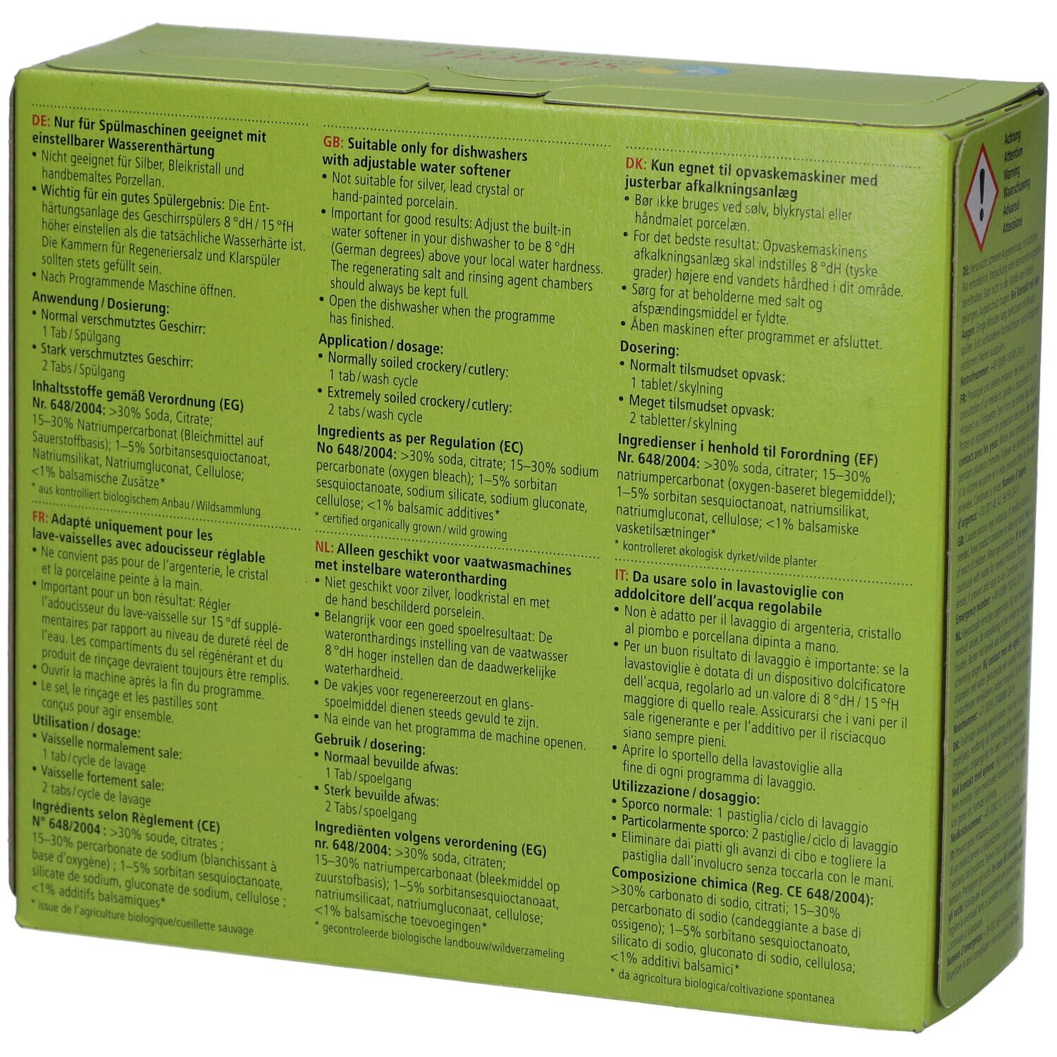 Dos de la boîte verte Sonett. Texte: Application, ingrédients, dosage. Convient aux lave-vaisselle.