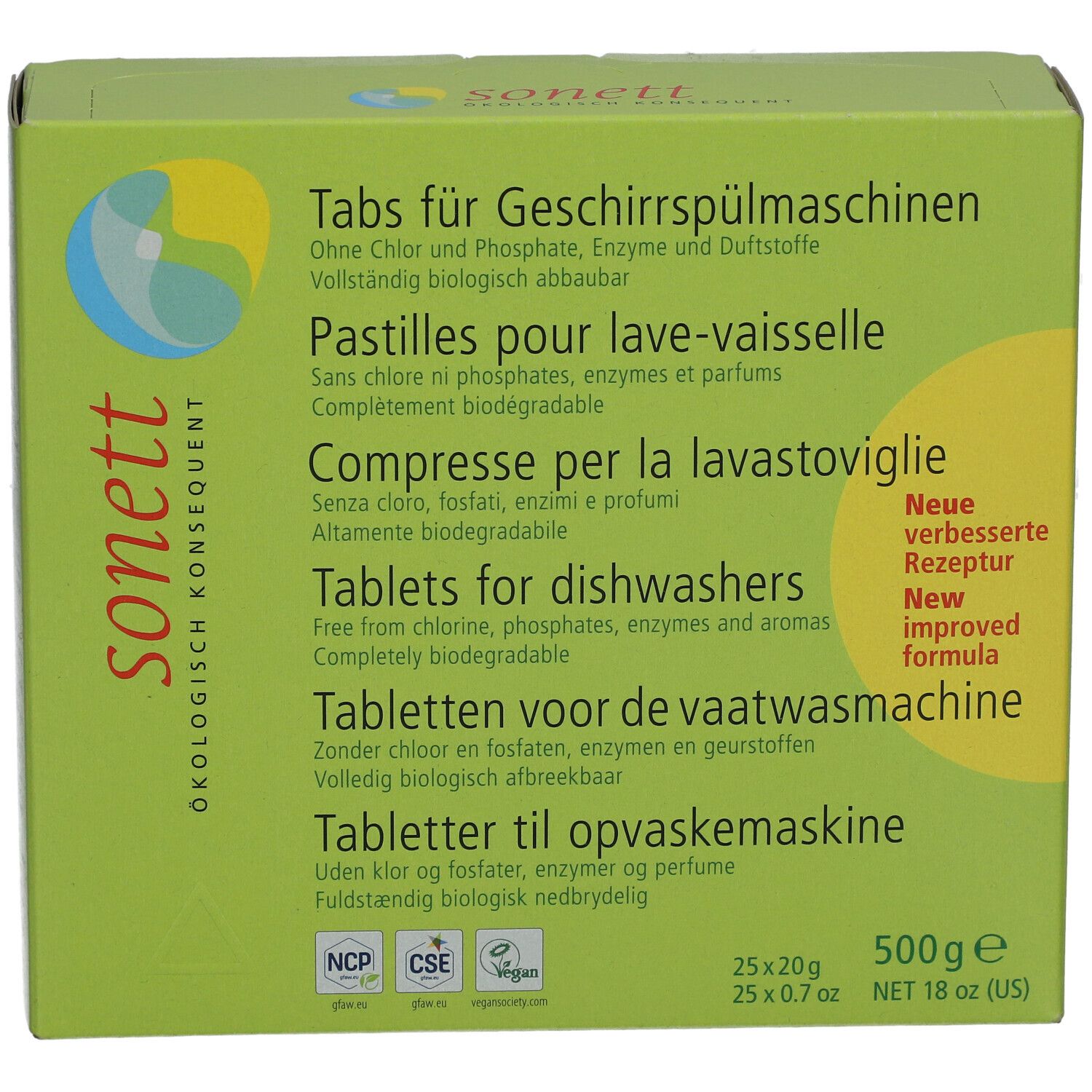 Boîte verte, logo Sonett. Pastilles lave-vaisselle. 500g, 25x20g. Nouvelle formule améliorée.