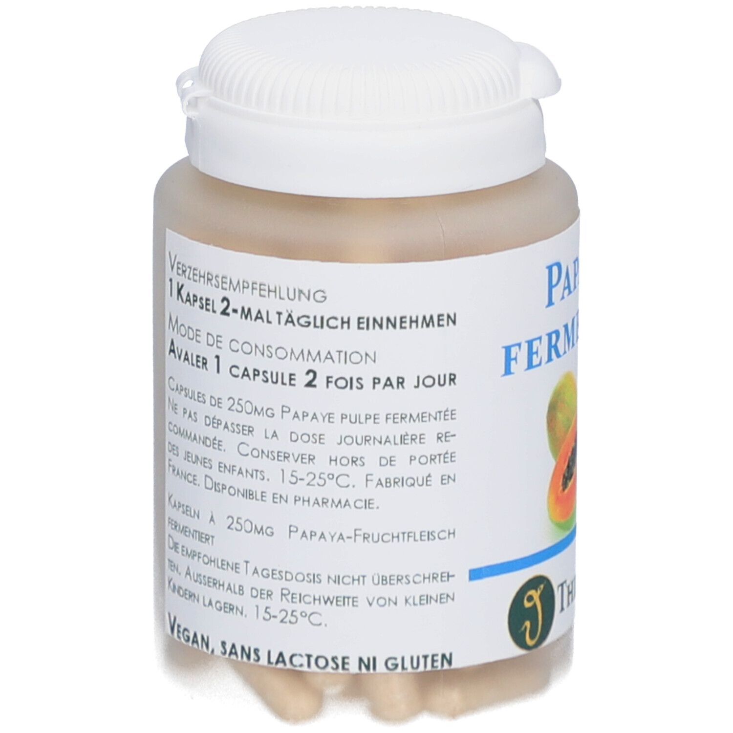 Flacon à couvercle blanc et gélules beiges. Inscription: Papaya Fermentée. Logo: Thiemard. Texte sur le dosage et les ingrédients.