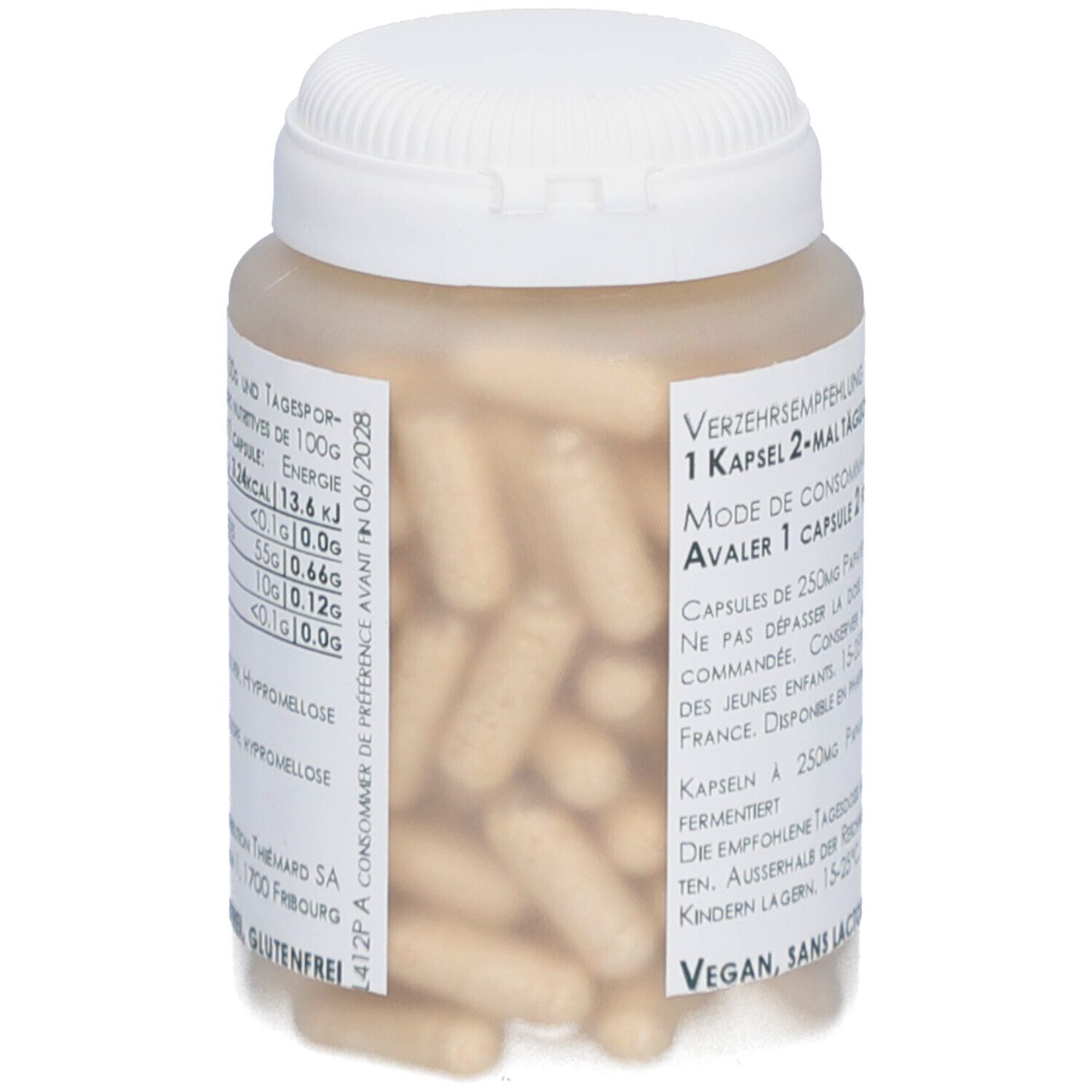 Flacon transparent avec gélules beiges. Inscription: Papaya Fermentée. Logo: Thiemard. Texte sur les ingrédients et valeurs nutritionnelles.