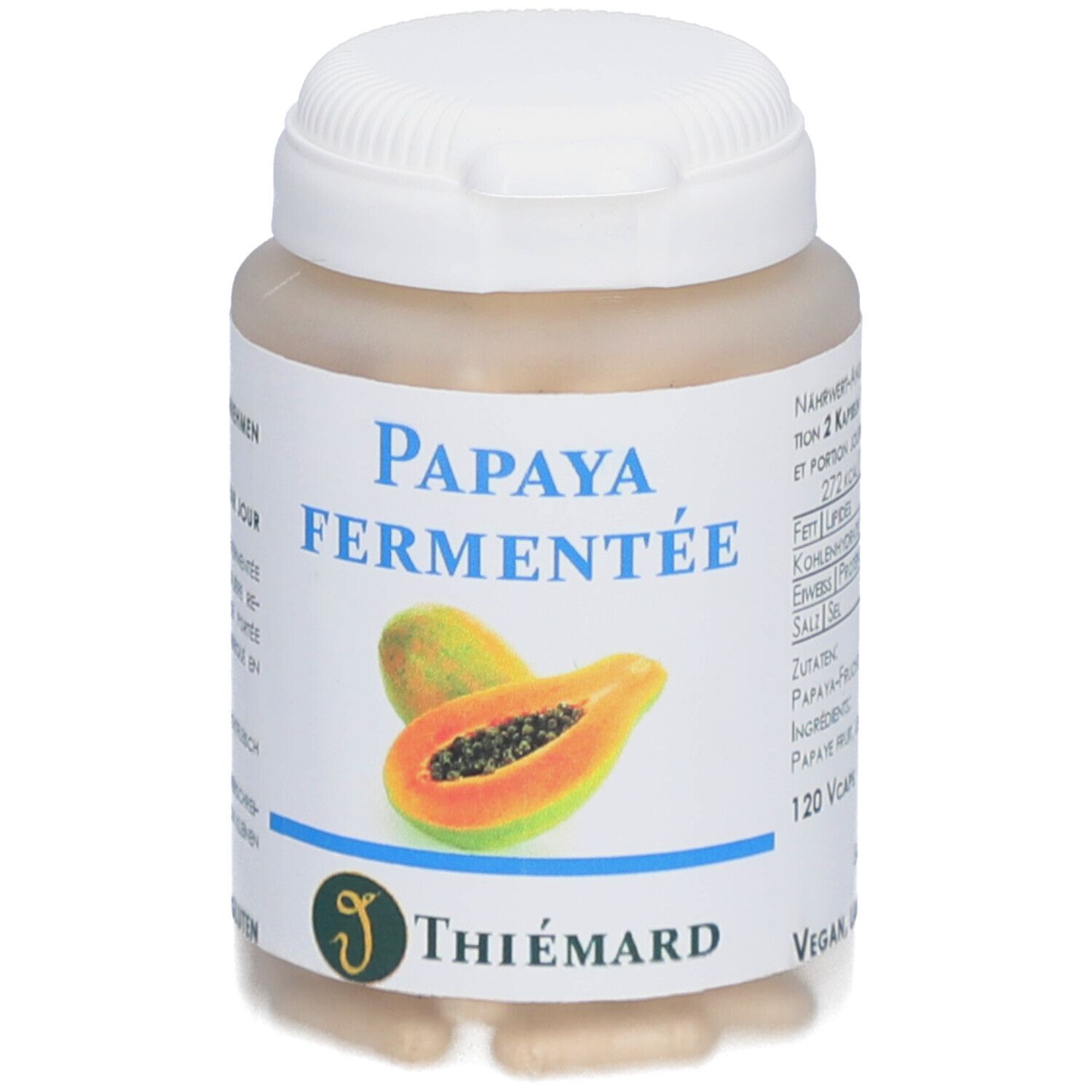 Gélules beiges dans un flacon à couvercle blanc. Inscription: Papaya Fermentée. Logo: Thiemard. Illustration d'une papaye.