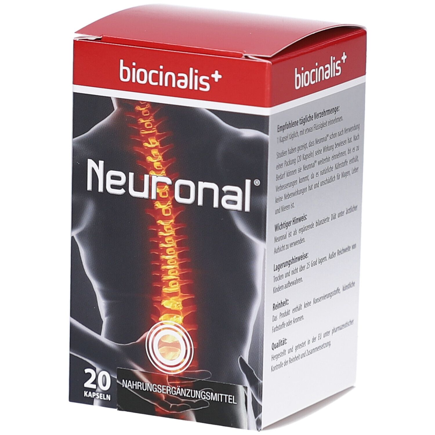 Boîte "biocinalis+" et "Neuronal". 20 gélules. Illustration d'un dos avec colonne vertébrale.