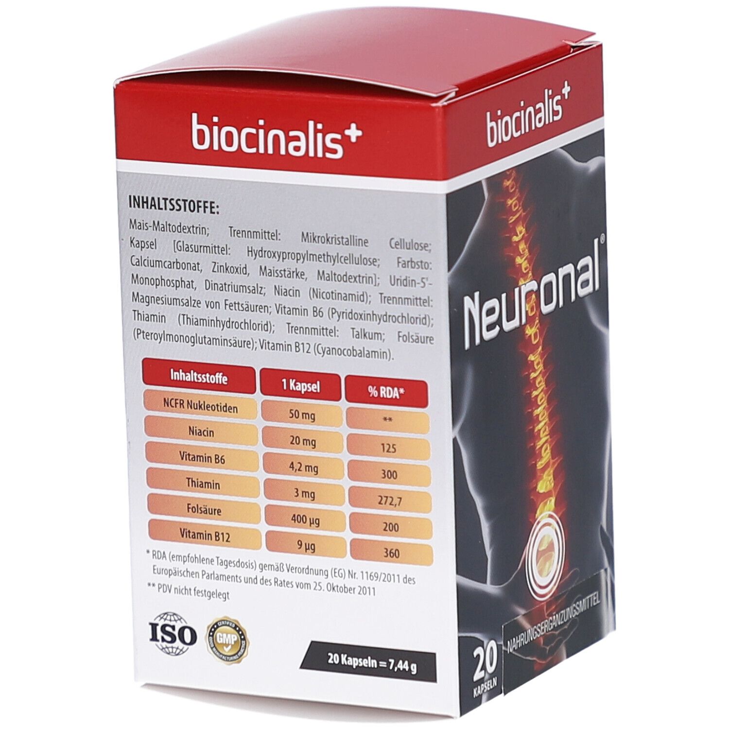 Boîte "biocinalis+". Dos avec ingrédients et tableau nutritionnel. 20 gélules.