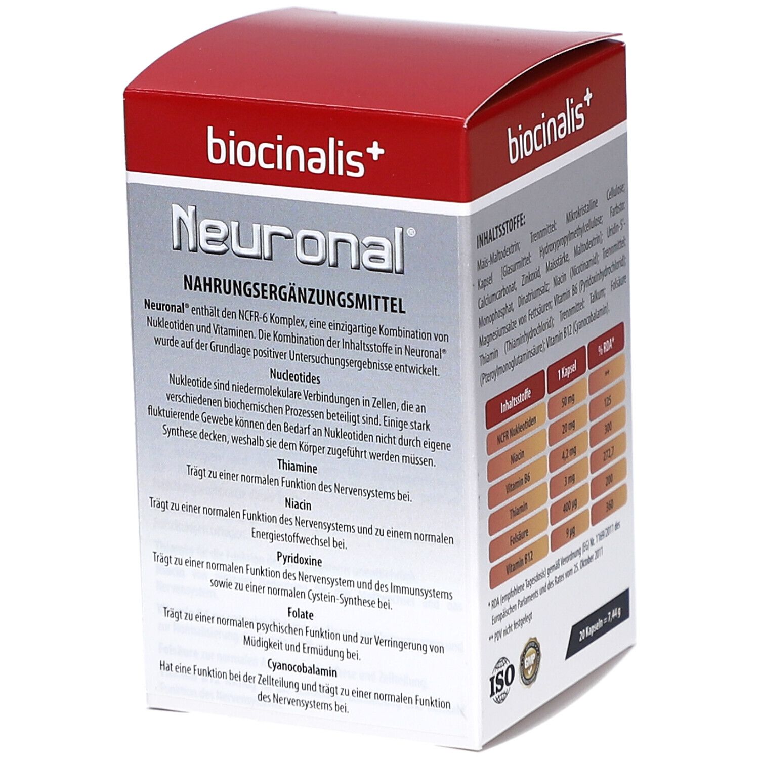 Boîte "biocinalis+" et "Neuronal". Dos avec ingrédients et texte. 20 gélules.