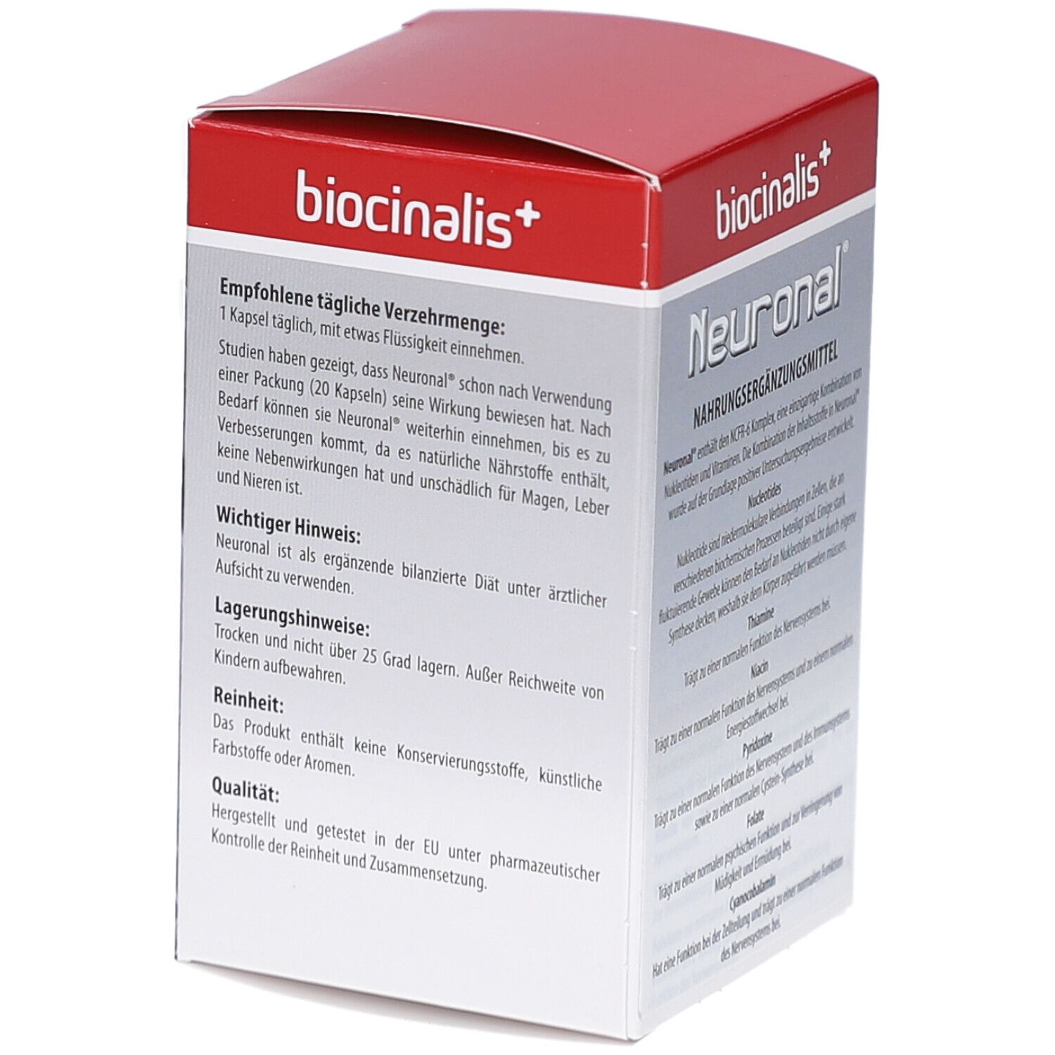 Boîte "biocinalis+" et "Neuronal". Dos avec texte. 20 gélules.