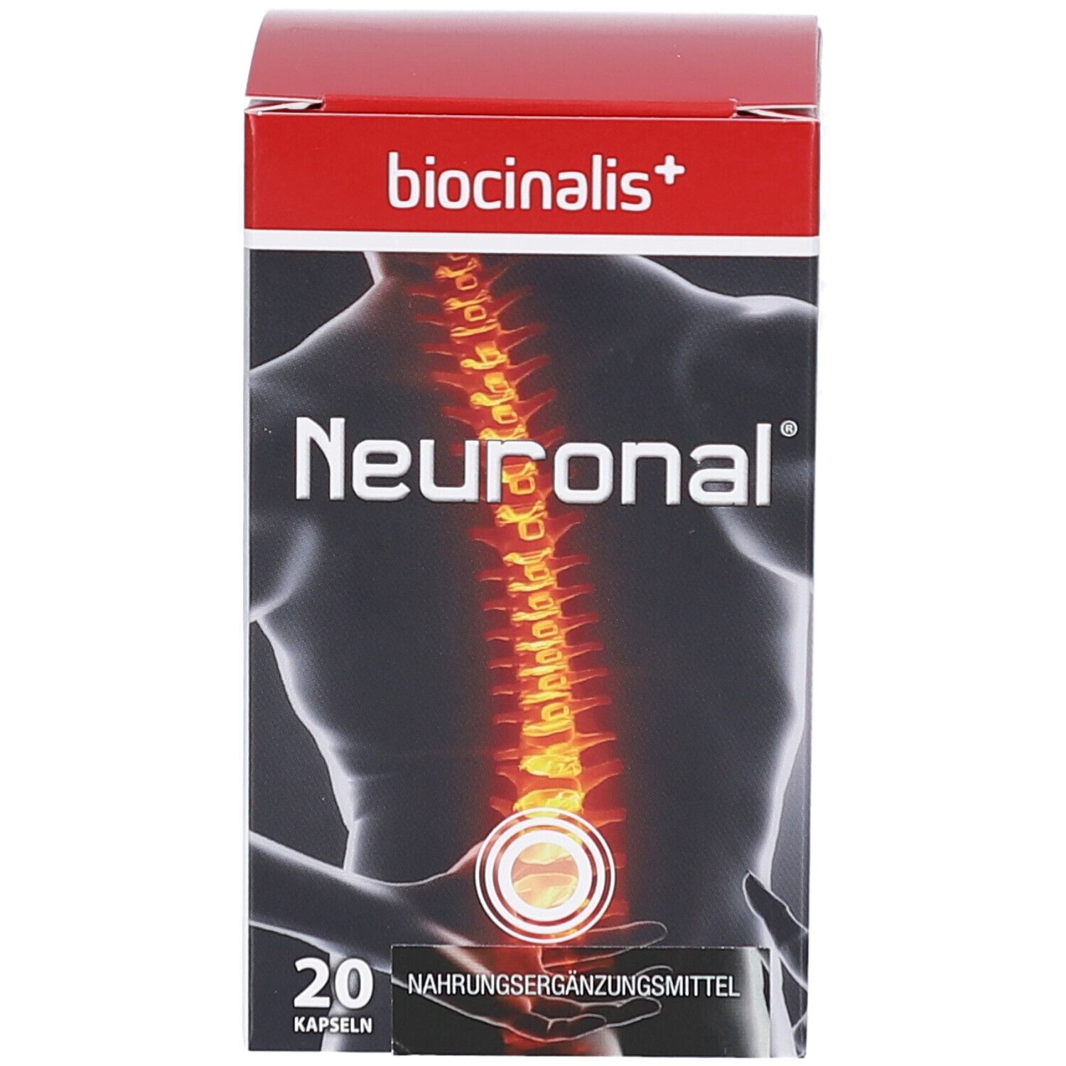 Boîte "biocinalis+" et "Neuronal". 20 gélules. Illustration d'un dos avec colonne vertébrale.