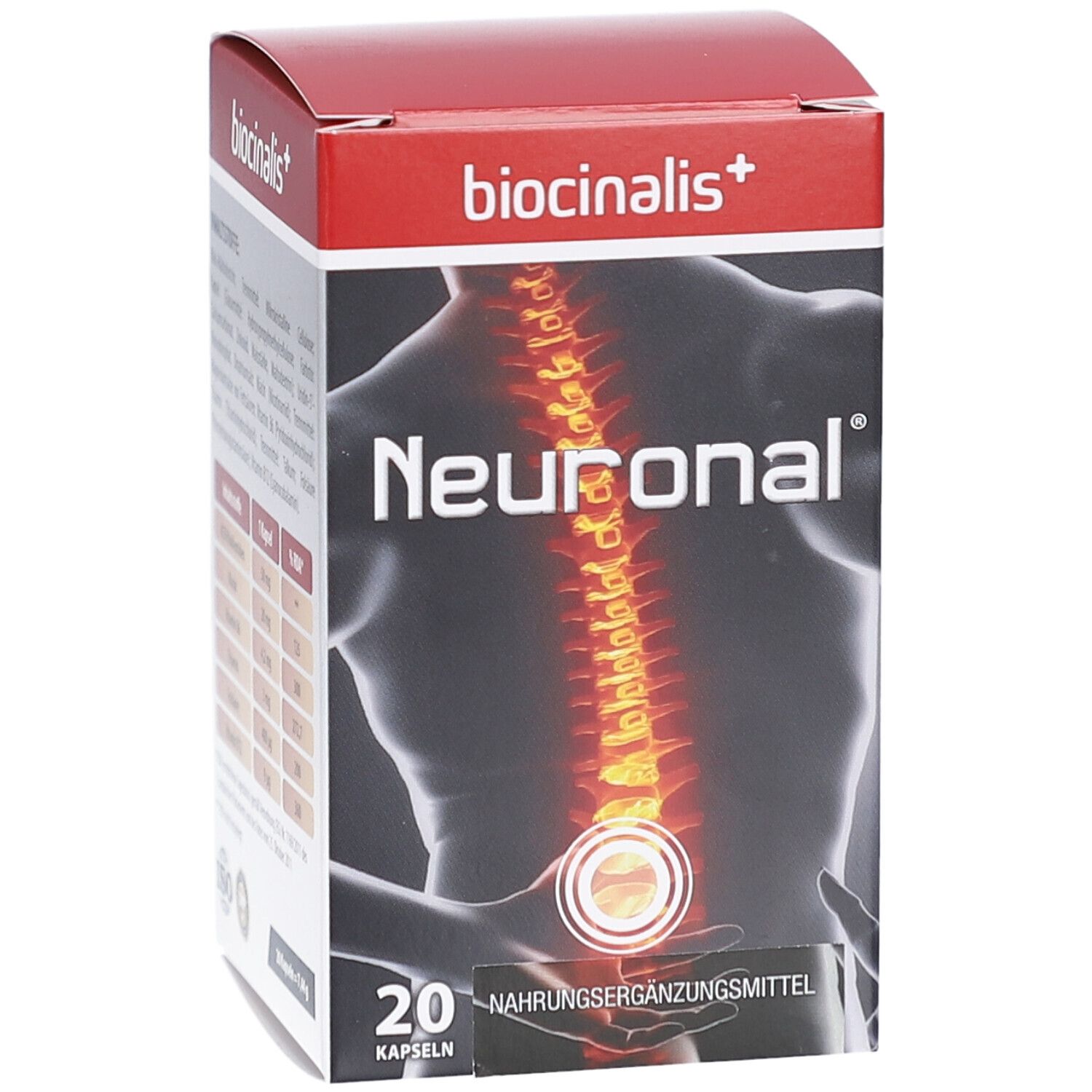 Boîte "biocinalis+" et "Neuronal". 20 gélules. Illustration d'un dos avec colonne vertébrale.