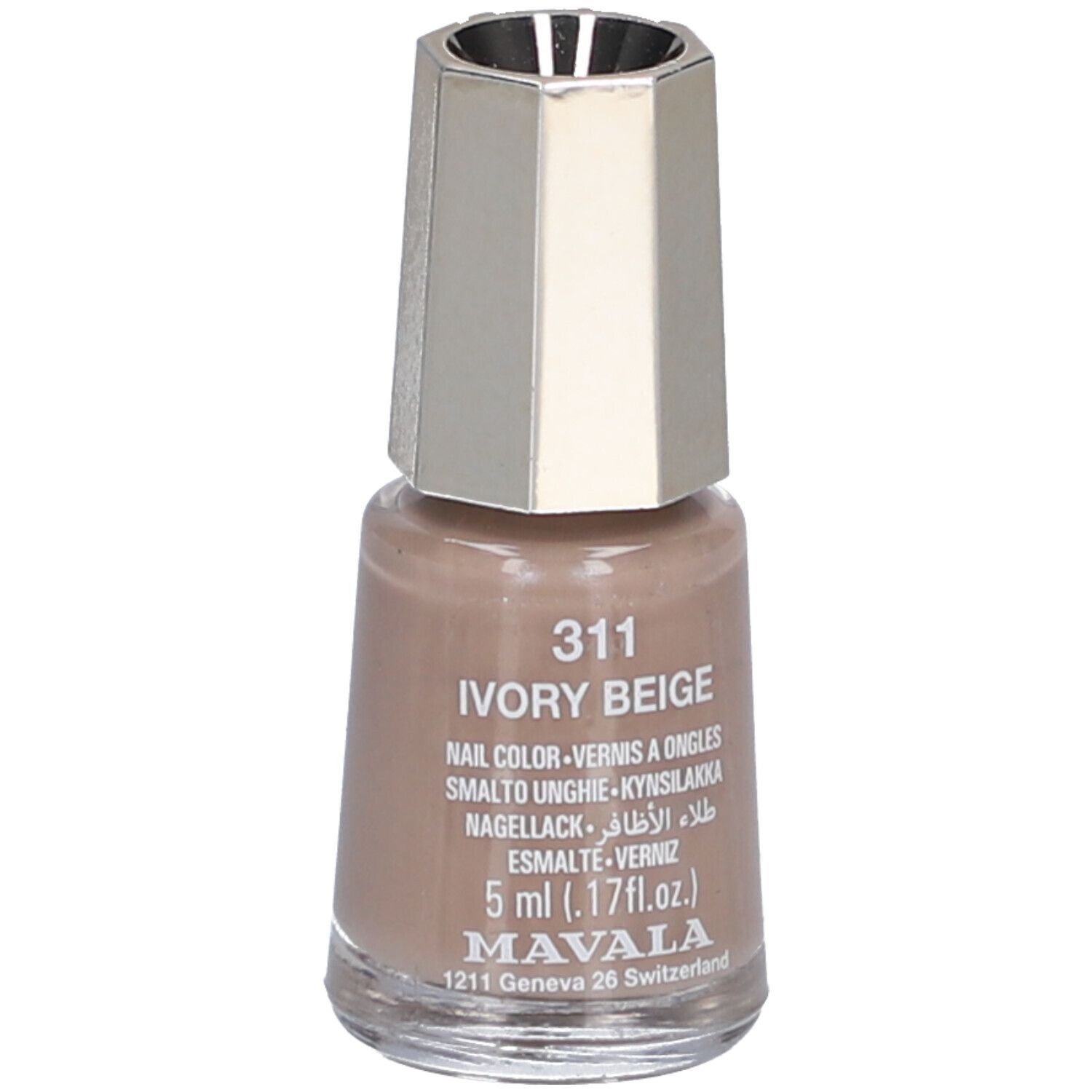 Flacon de vernis à ongles beige ivoire. Bouchon argenté. Inscription : 311 Ivory Beige, 5 ml, Mavala.