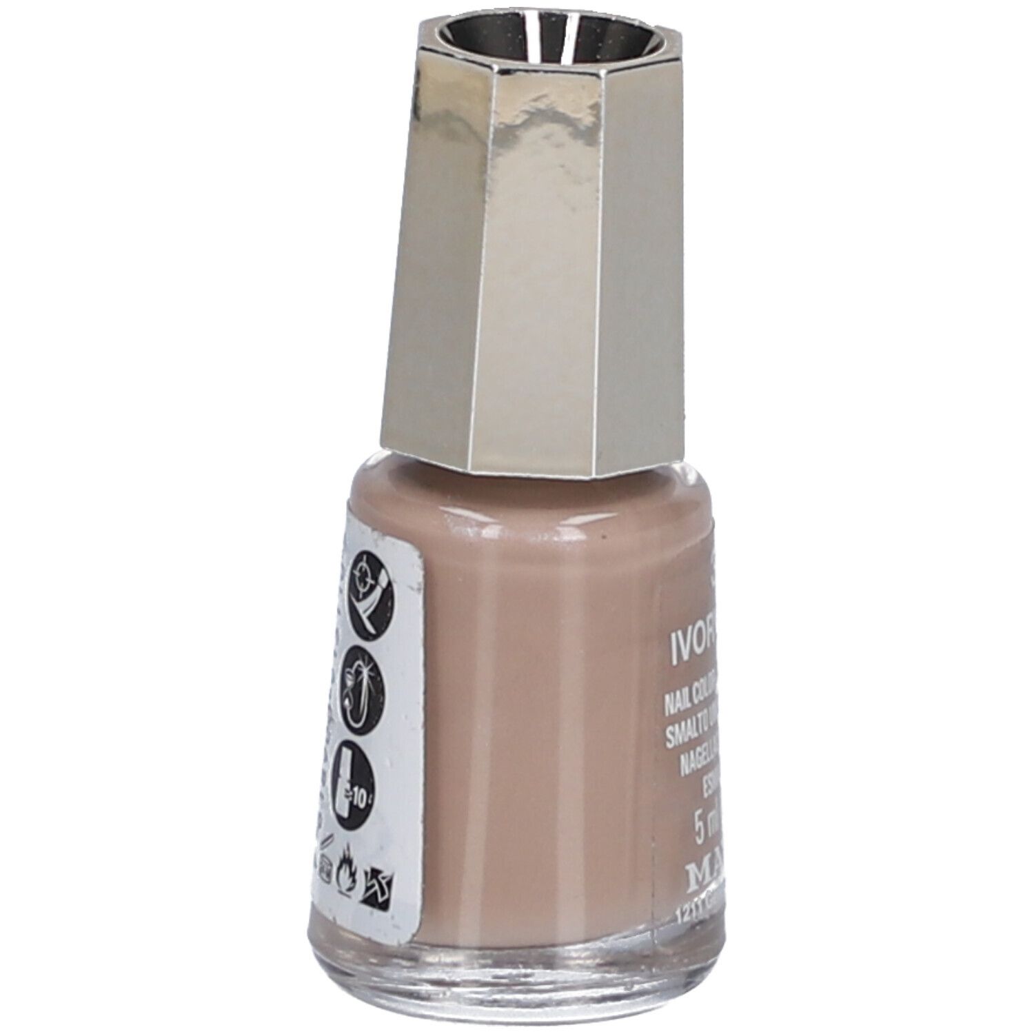Flacon de vernis à ongles beige ivoire. Bouchon argenté. Symboles et texte sur le côté.