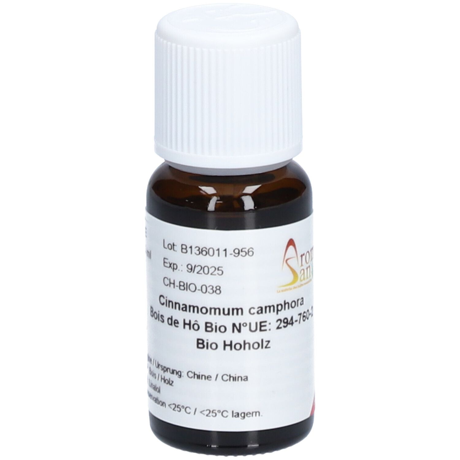 Flacon en verre brun avec bouchon blanc. Étiquette avec informations produit et logo Aromasan. Texte: Cinnamomum camphora, Bio Hoholz.