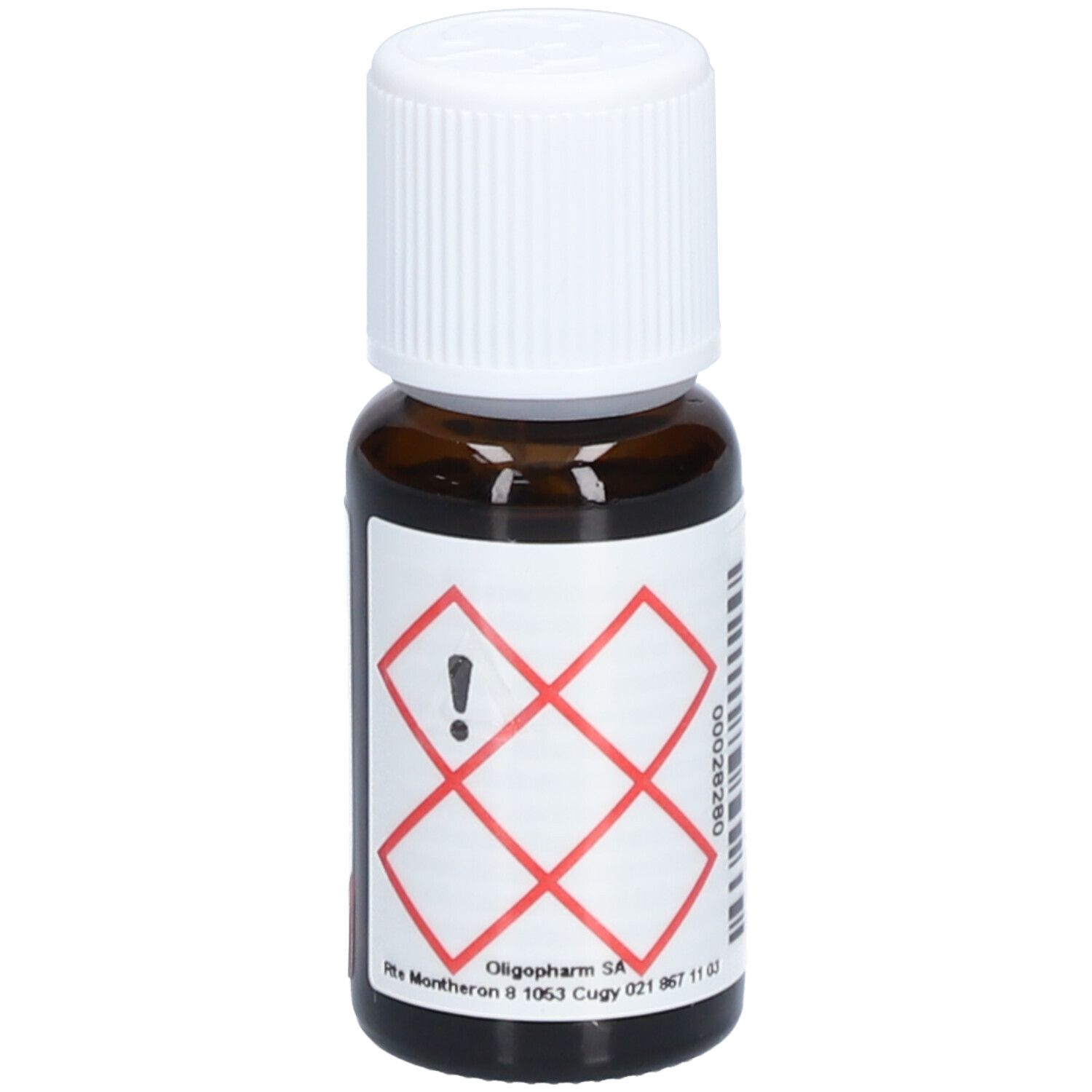 Flacon en verre brun avec bouchon blanc. Étiquette avec symbole de danger. Adresse du fabricant: Oligopharm SA. Texte: Cinnamomum camphora, Bio Hoholz.