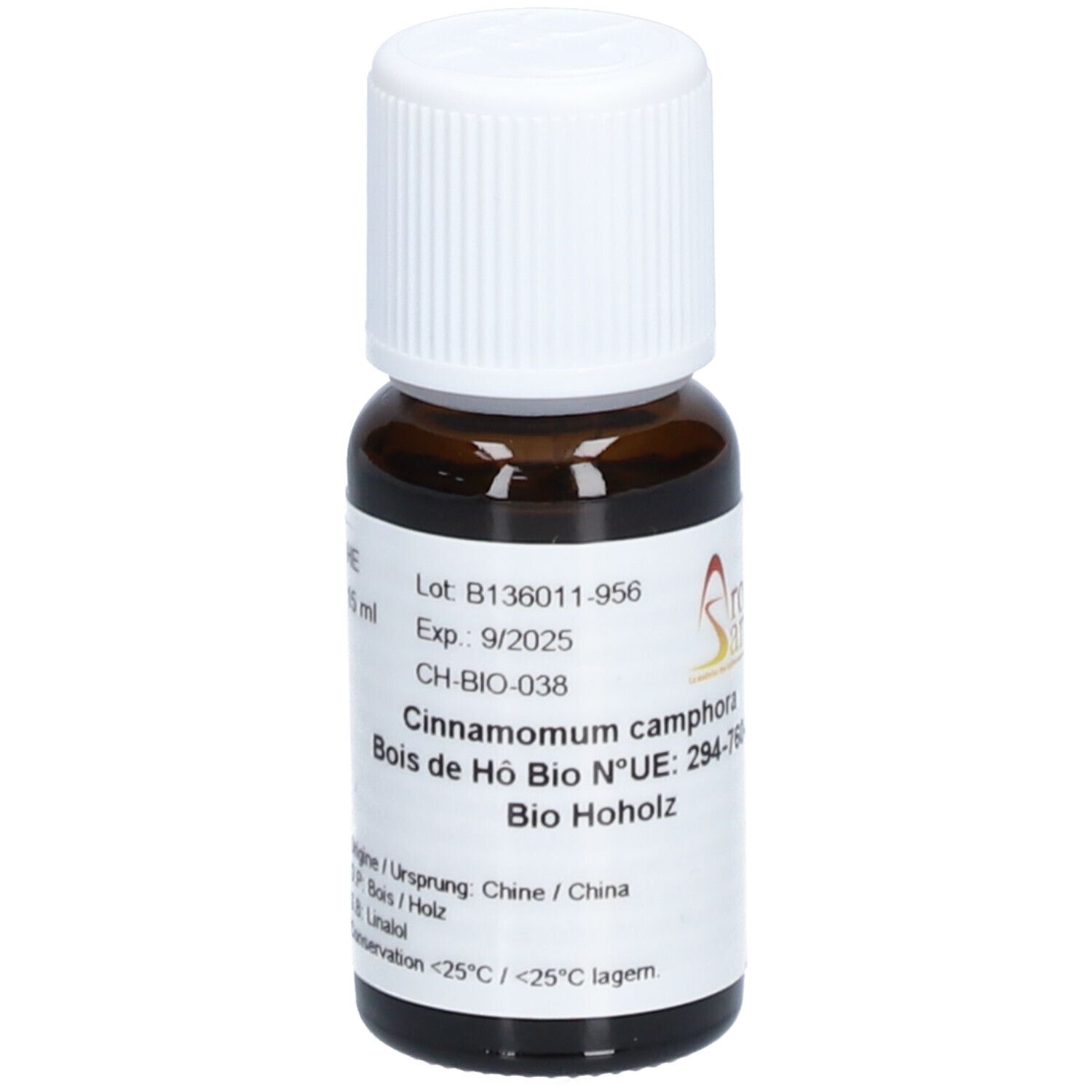 Flacon en verre brun avec bouchon blanc. Étiquette avec informations produit et logo Aromasan. Texte: Cinnamomum camphora, Bio Hoholz.