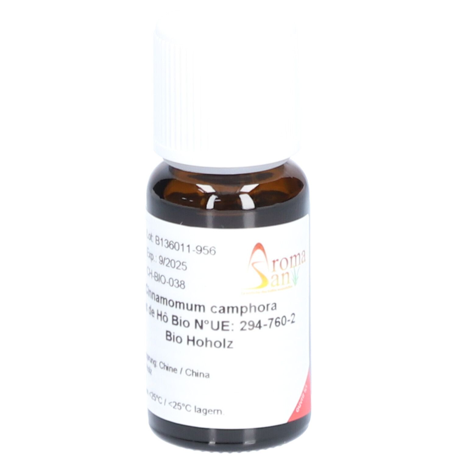 Flacon en verre brun avec bouchon blanc. Étiquette avec informations produit et logo Aromasan. Texte: Cinnamomum camphora, Bio Hoholz.