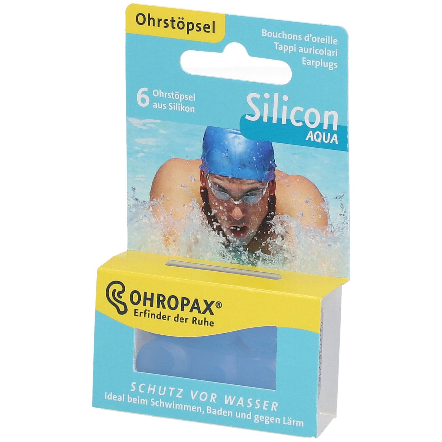 Emballage de bouchons d'oreille. Six bouchons bleus en silicone. Marque OHROPAX, texte 'Silicon Aqua'.