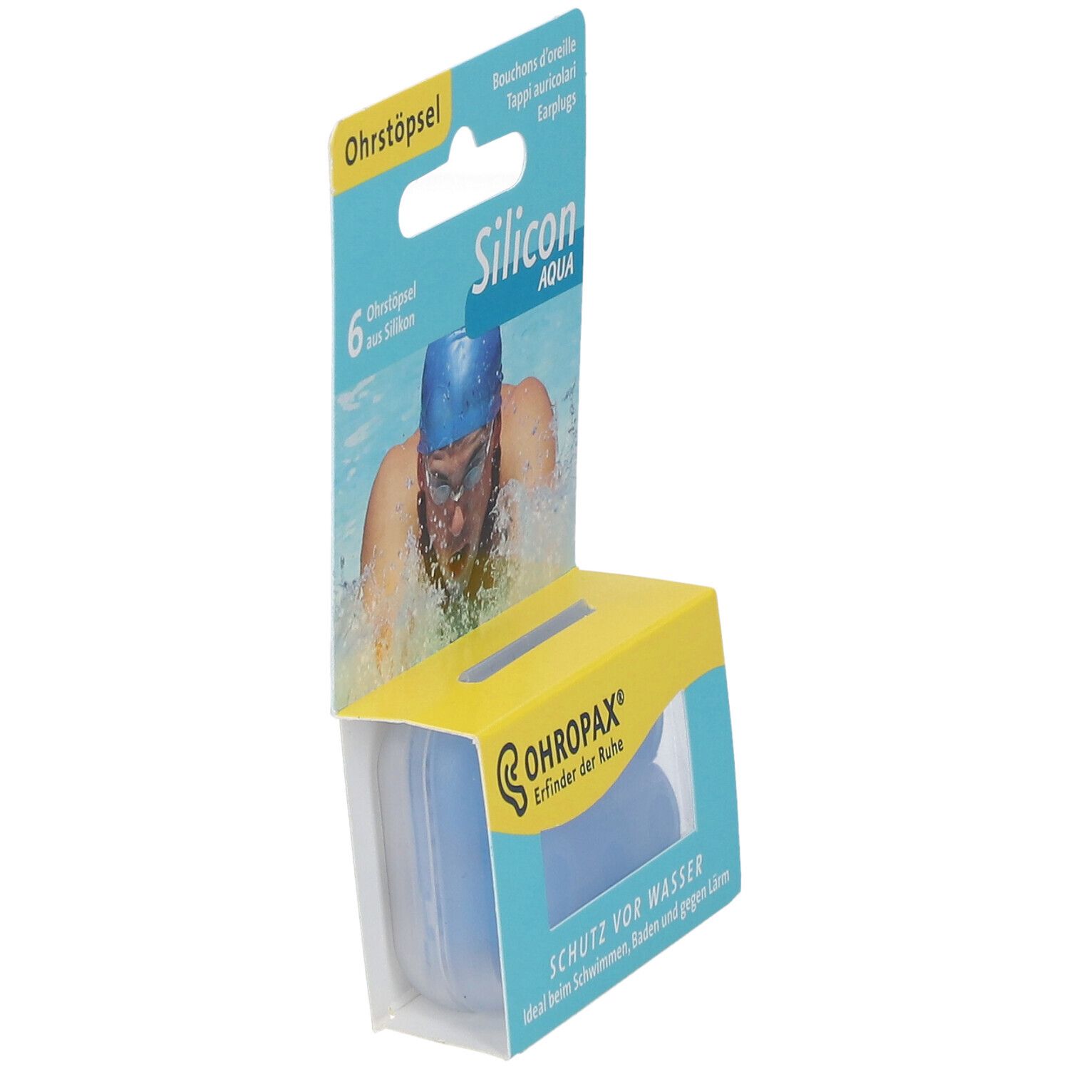 Emballage de bouchons d'oreille. Six bouchons bleus en silicone. Marque OHROPAX, texte 'Silicon Aqua'.