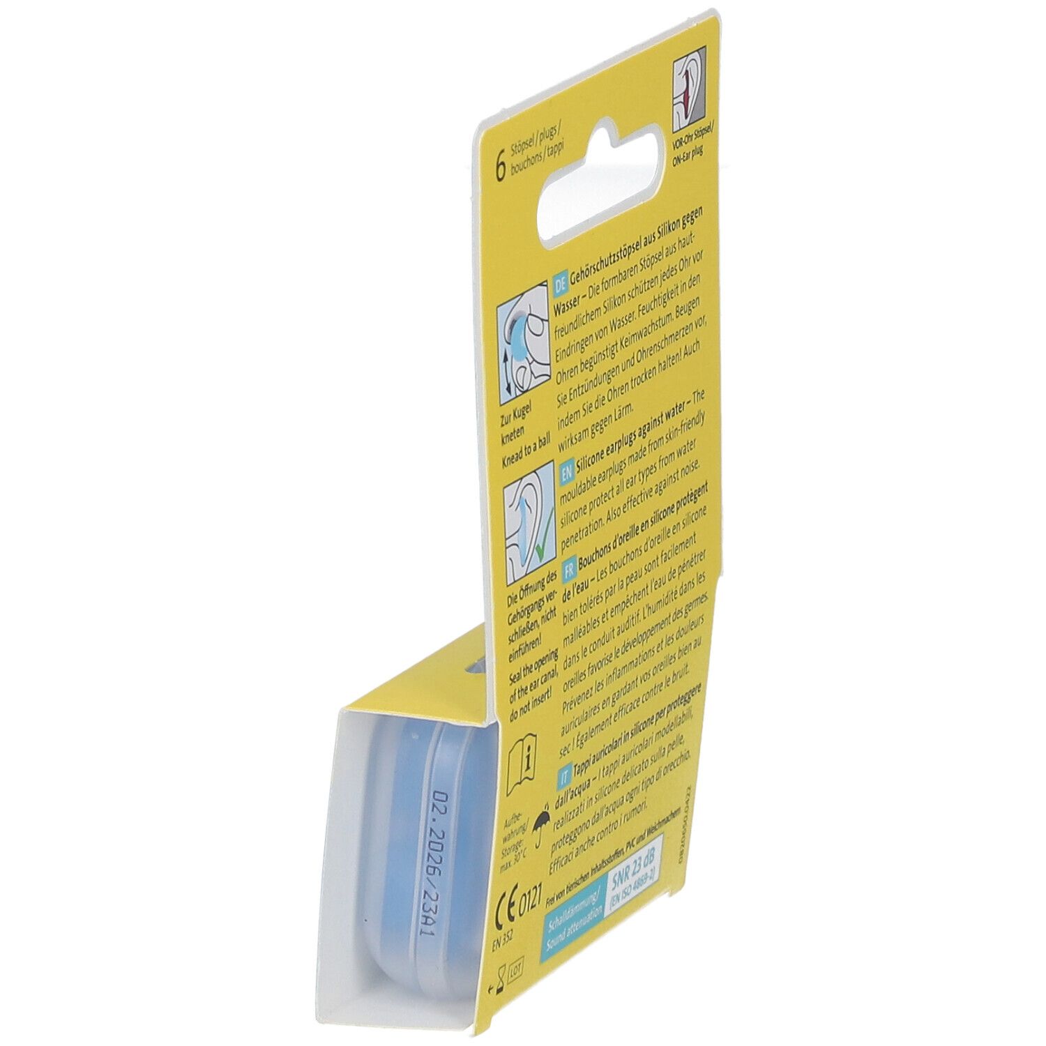 Emballage de bouchons d'oreille. Six bouchons bleus en silicone. Marque OHROPAX, texte 'Silicon Aqua'.
