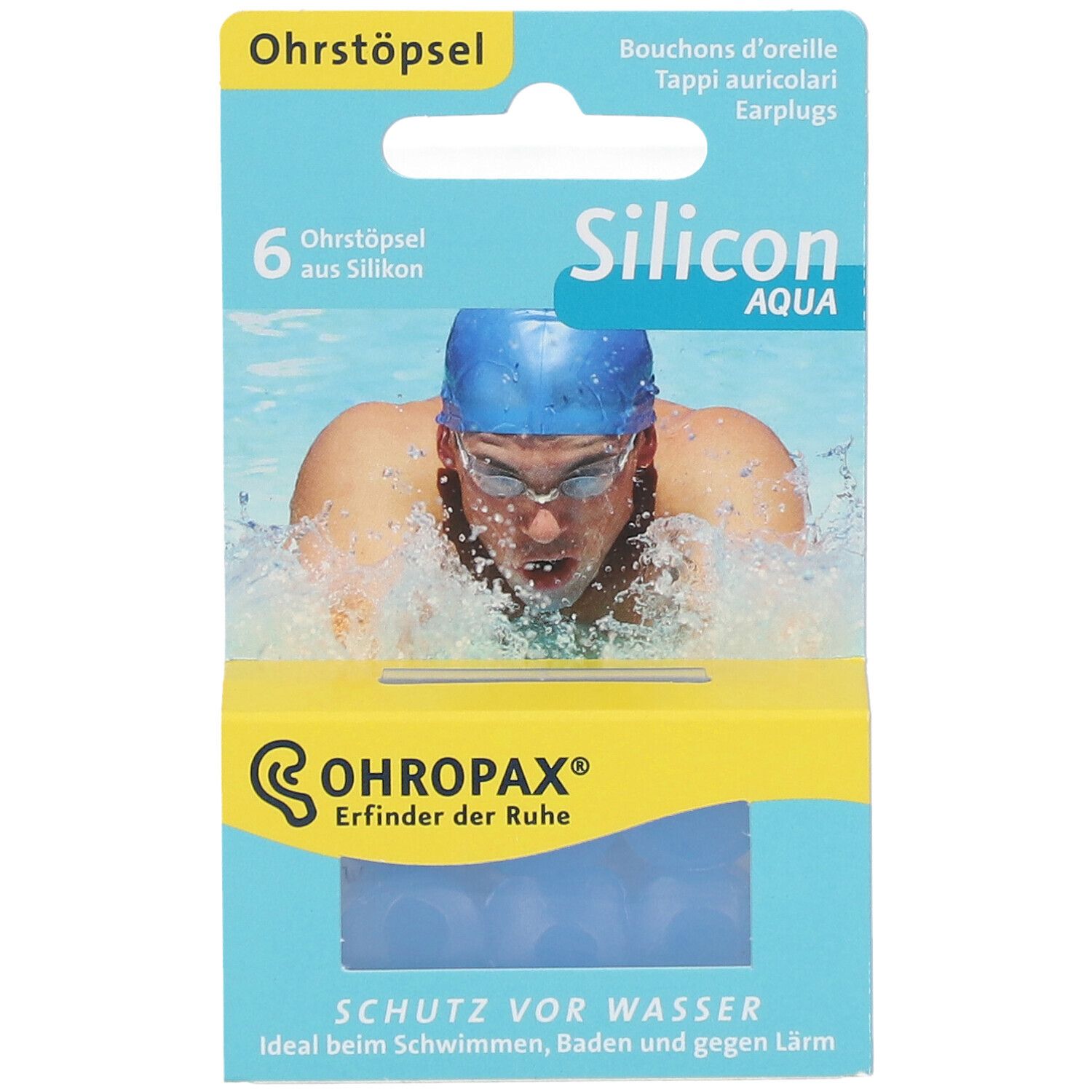 Emballage de bouchons d'oreille. Six bouchons bleus en silicone. Marque OHROPAX, texte 'Silicon Aqua'.