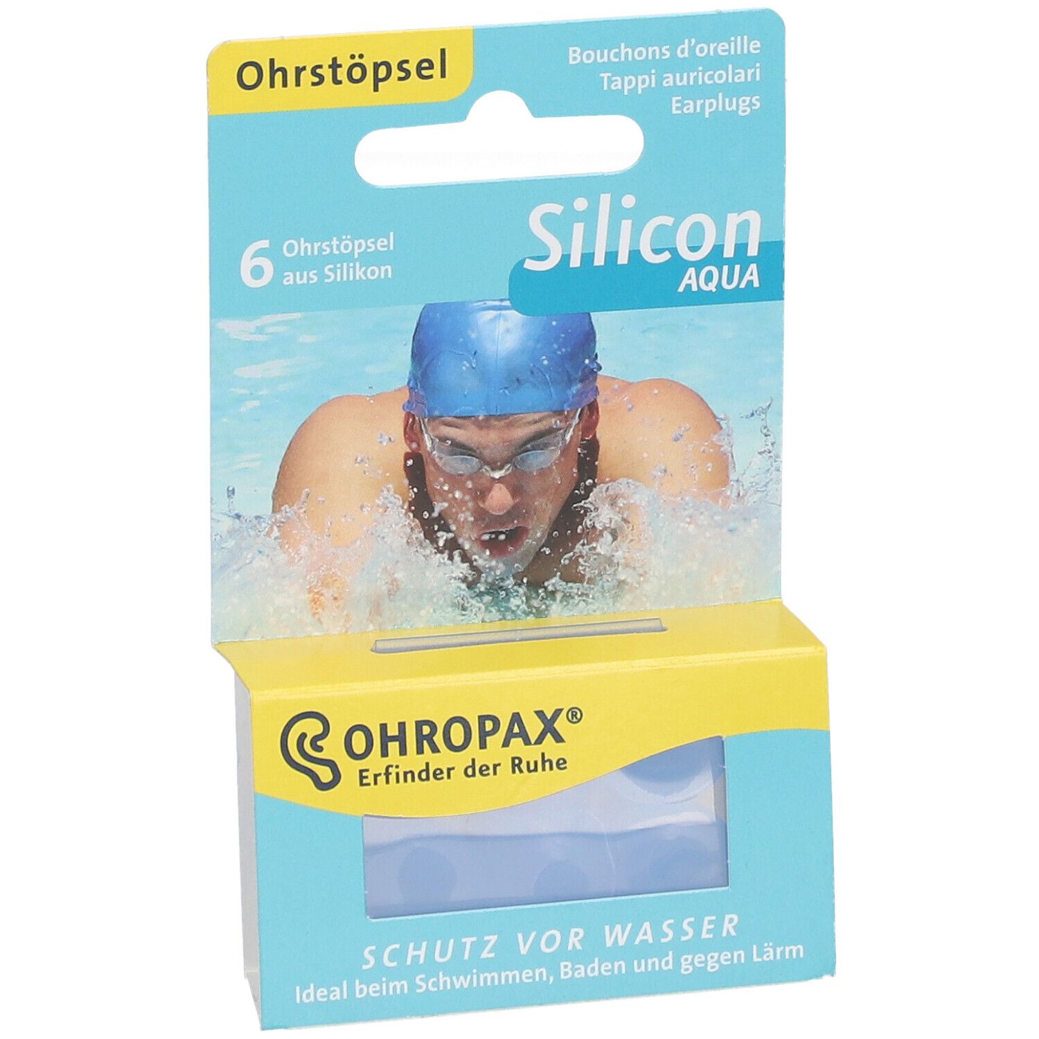 Emballage de bouchons d'oreille. Six bouchons bleus en silicone. Marque OHROPAX, texte 'Silicon Aqua'.