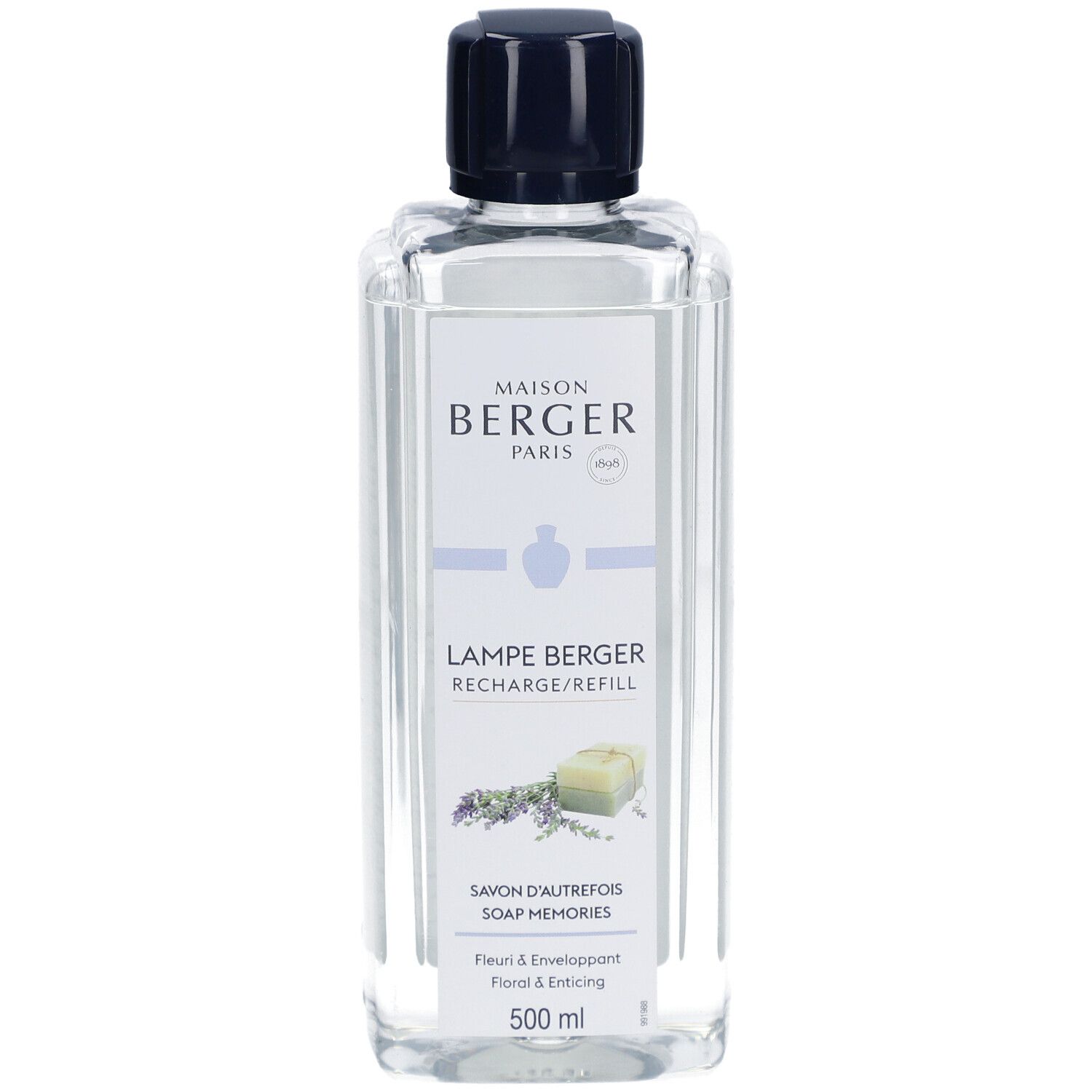 Flacon de recharge Lampe Berger. Clair, carré, bouchon noir. Étiquette avec nom du produit et motif floral.