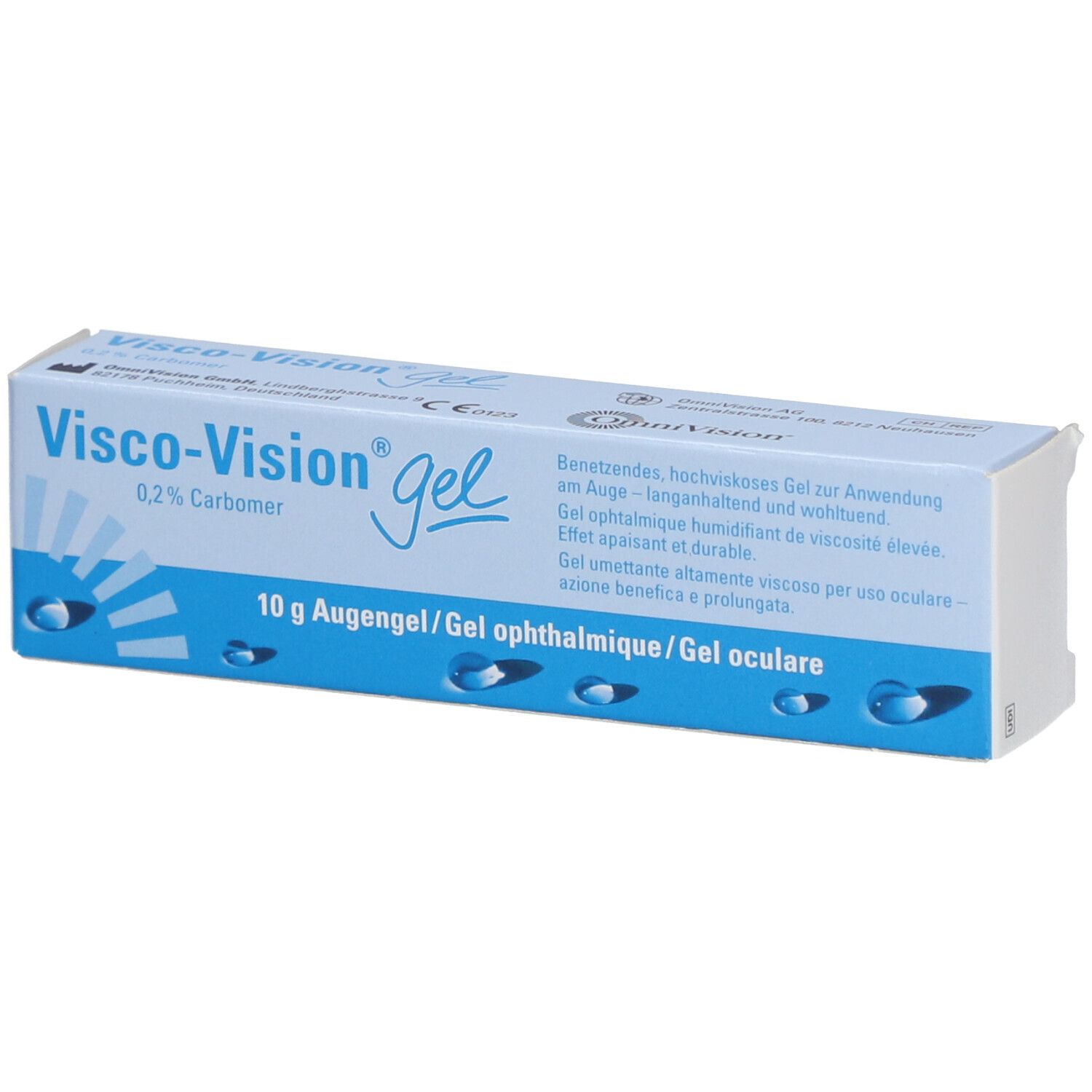 Boîte de gel Visco-Vision. Emballage bleu et blanc. Contient 10 g de gel ophtalmique.