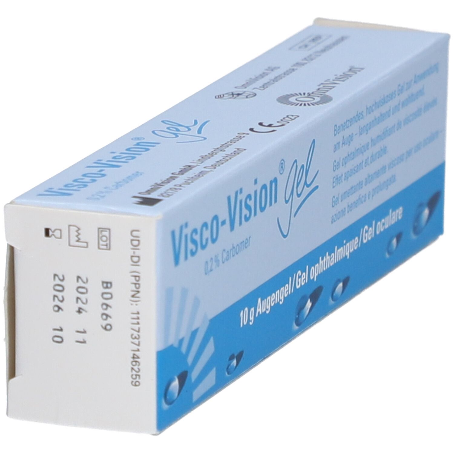 Emballage de gel Visco-Vision. Boîte bleue et blanche. Affiche le numéro de lot et la date de péremption.