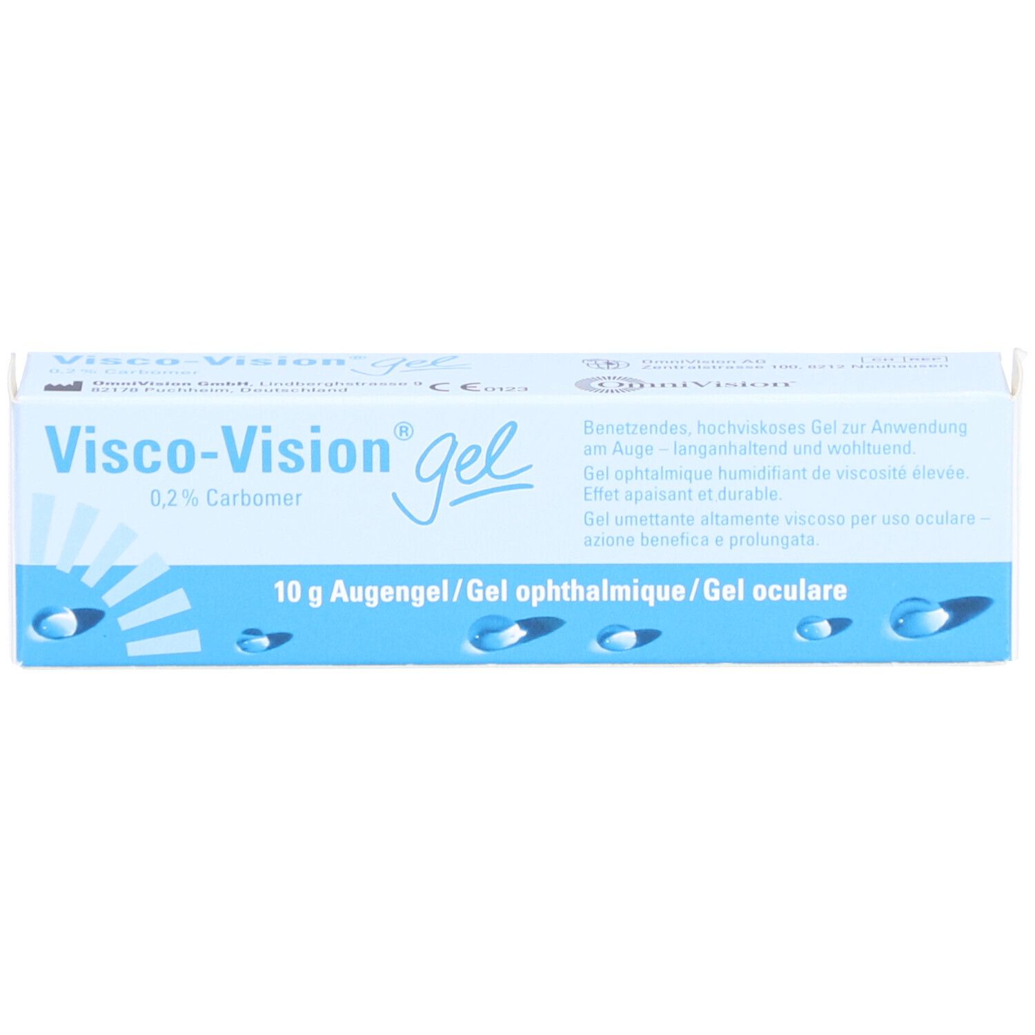 Emballage de gel Visco-Vision. Boîte bleue et blanche. Contient 10 g de gel ophtalmique.