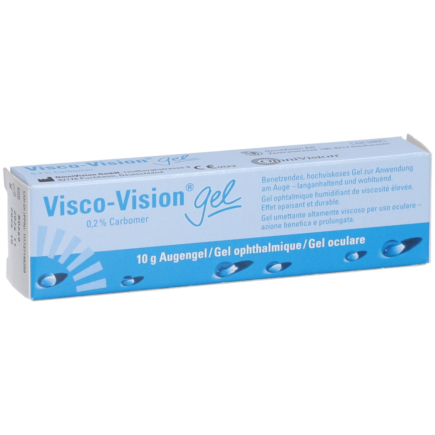 Emballage de gel Visco-Vision. Boîte bleue et blanche. Contient 10 g de gel ophtalmique.