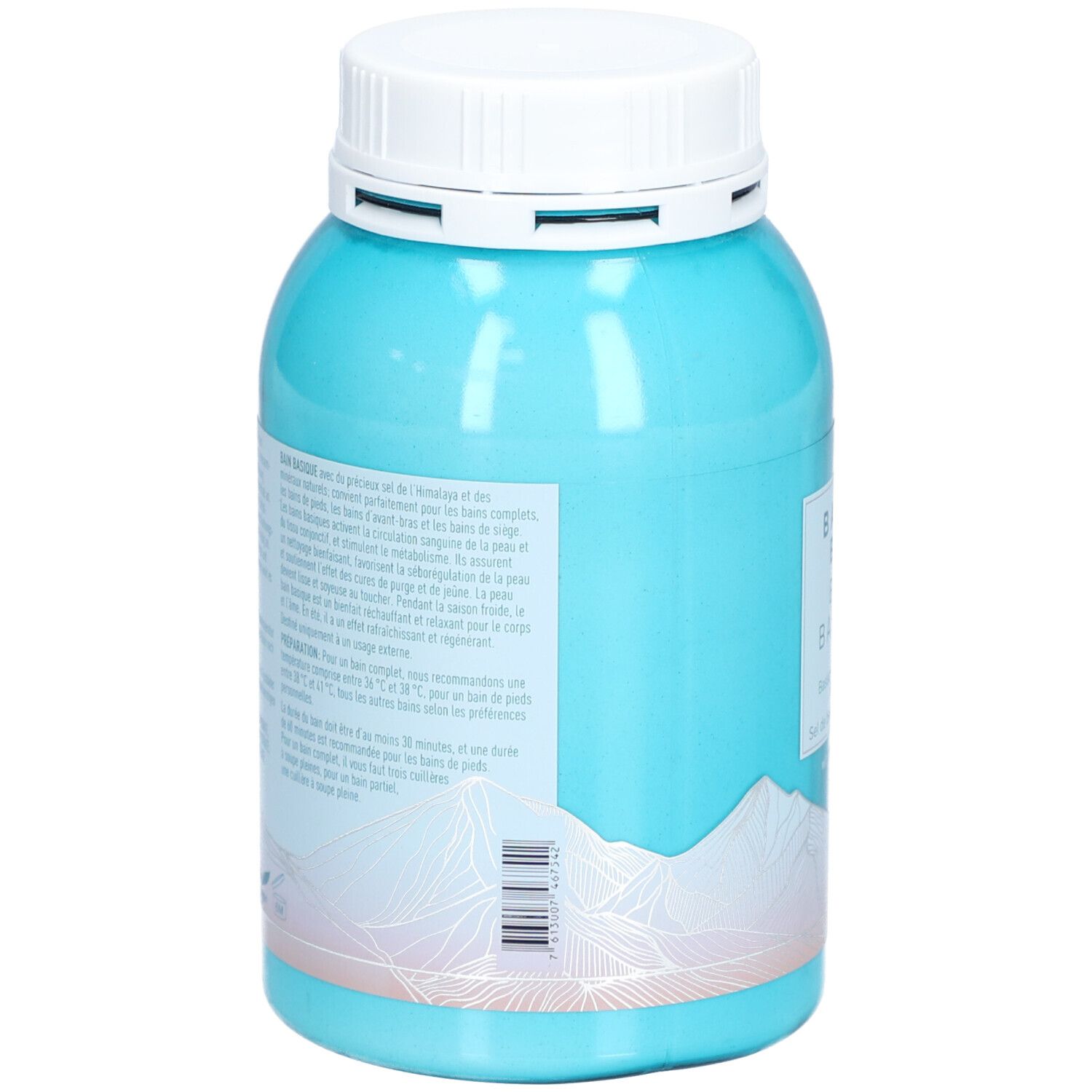 Boîte turquoise avec couvercle blanc. Texte au dos. Code-barres. Motif montagne. Croix suisse.