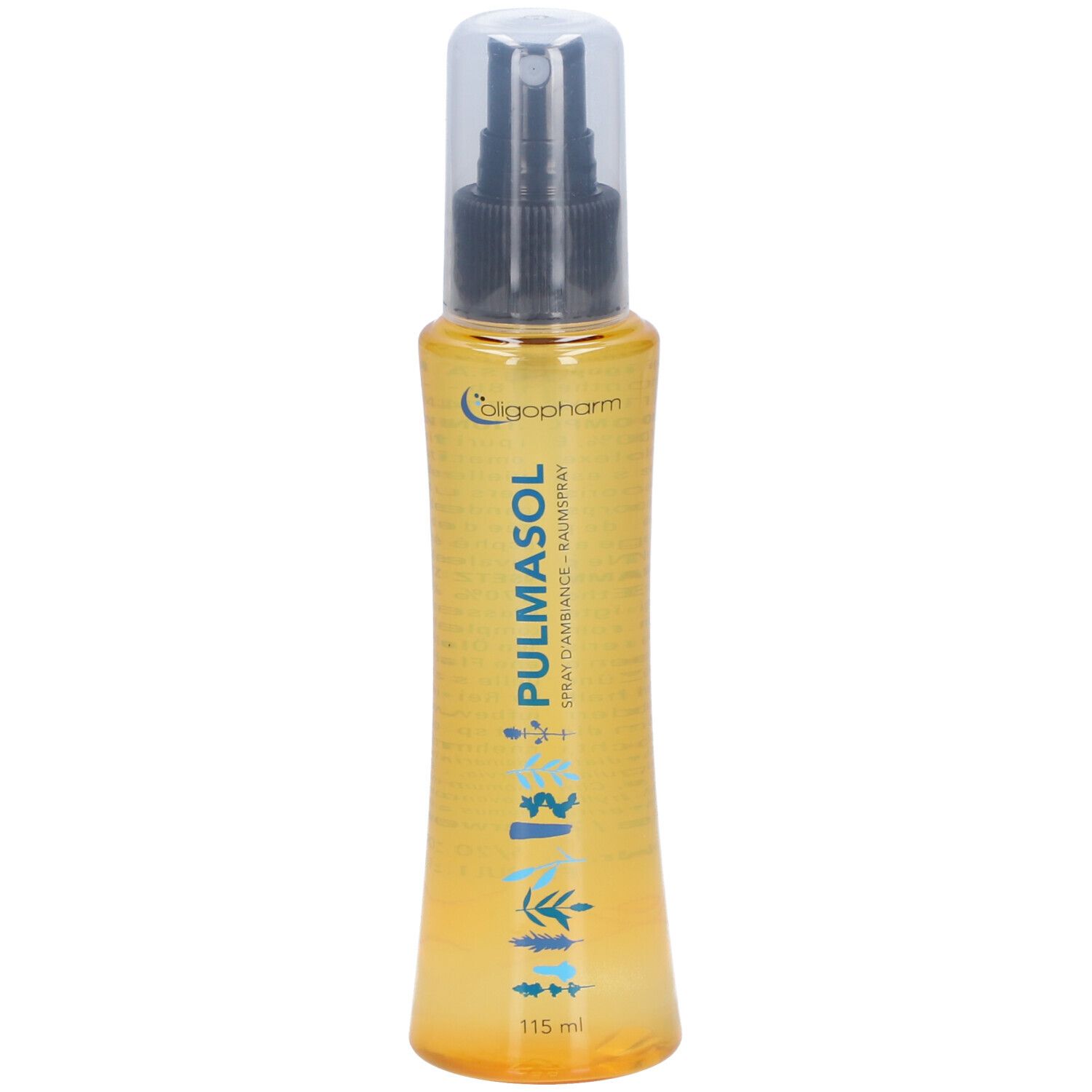 Flacon pulvérisateur jaune avec tête noire et bouchon transparent. Inscription: PULMASOL, Oligopharm.