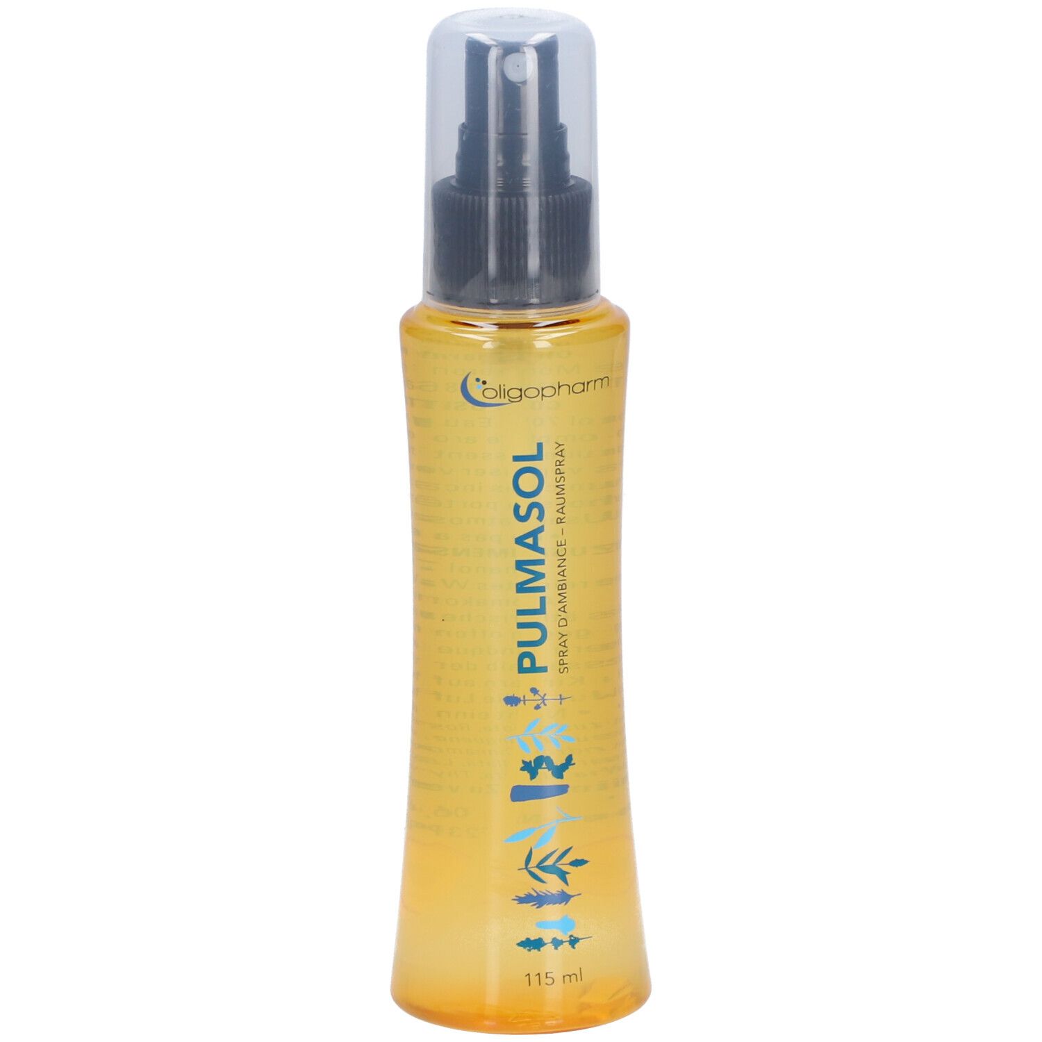 Flacon pulvérisateur jaune avec tête noire et bouchon transparent. Inscription: PULMASOL, Oligopharm.