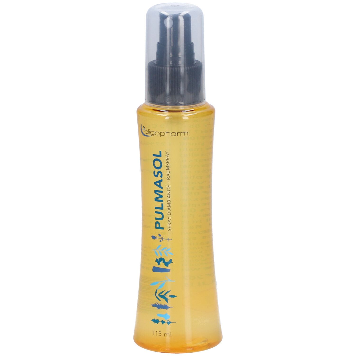 Flacon pulvérisateur jaune avec tête noire et bouchon transparent. Inscription: PULMASOL, Oligopharm.